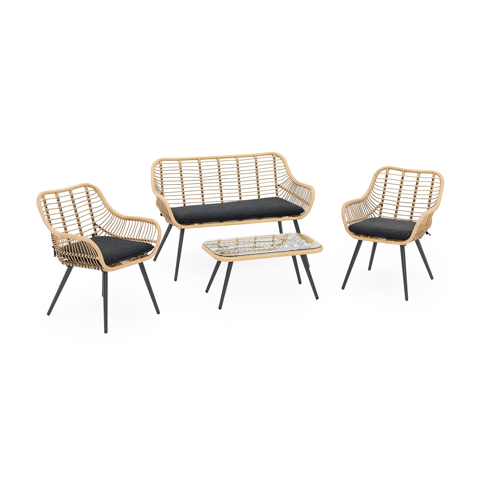Oia 4-Piece Wicker Outdoor Seating Set with Glass Top Coffee Table, black seat cushion, side view - Jardina Furniture