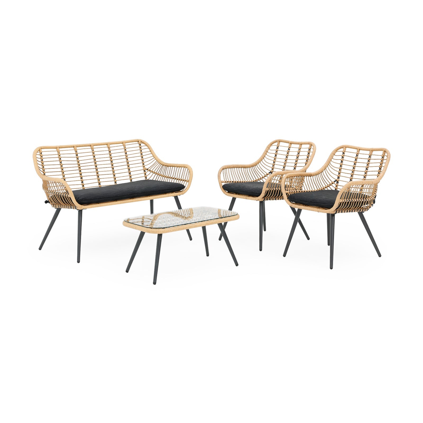 Oia 4 Piece Natural Wicker Seating set with Powder-coated Steel leg, Coffee Table, black cushion, left view-Jardina Furniture