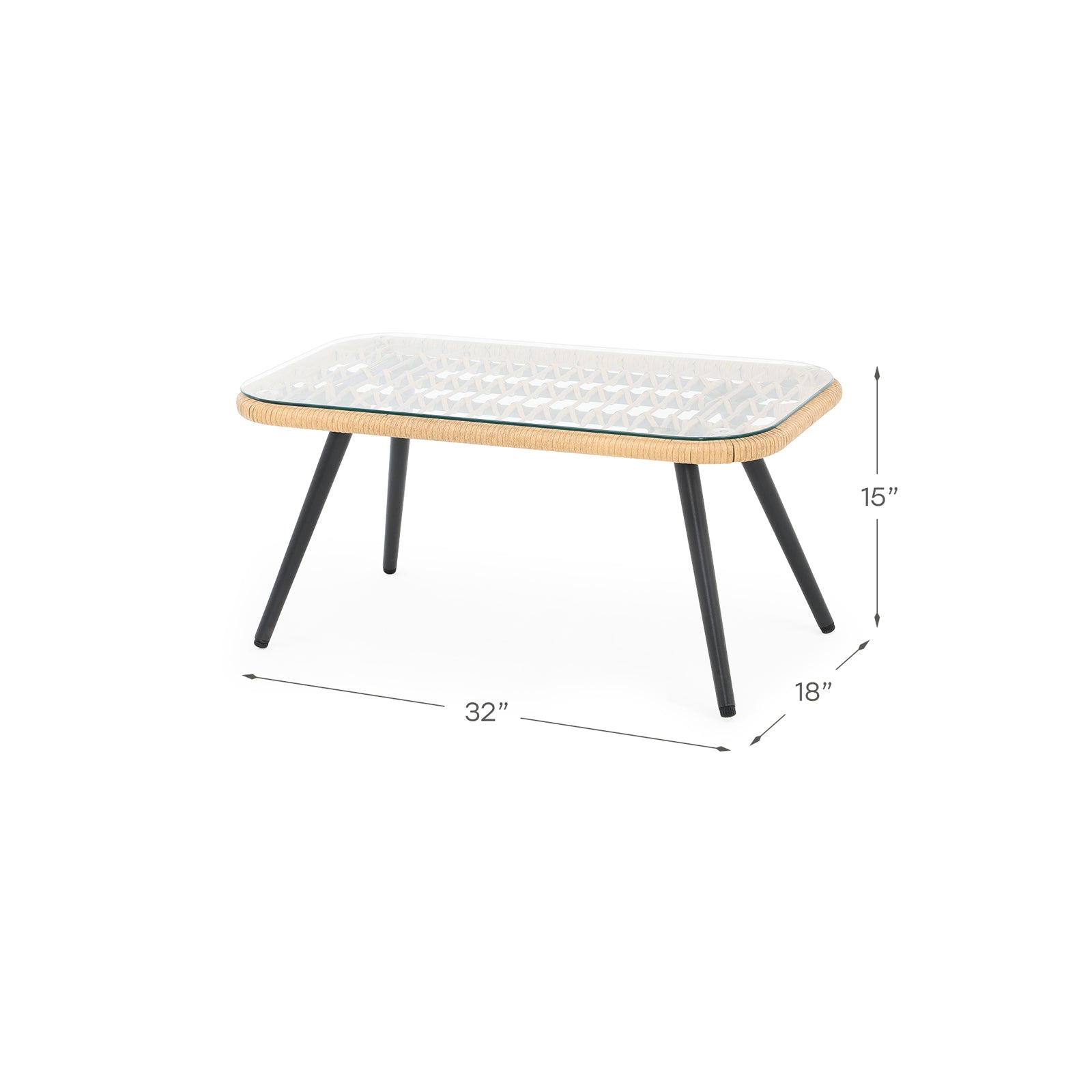 Oia Natural Wicker Outdoor glass top coffee table, dimension info - Jardina Furniture
