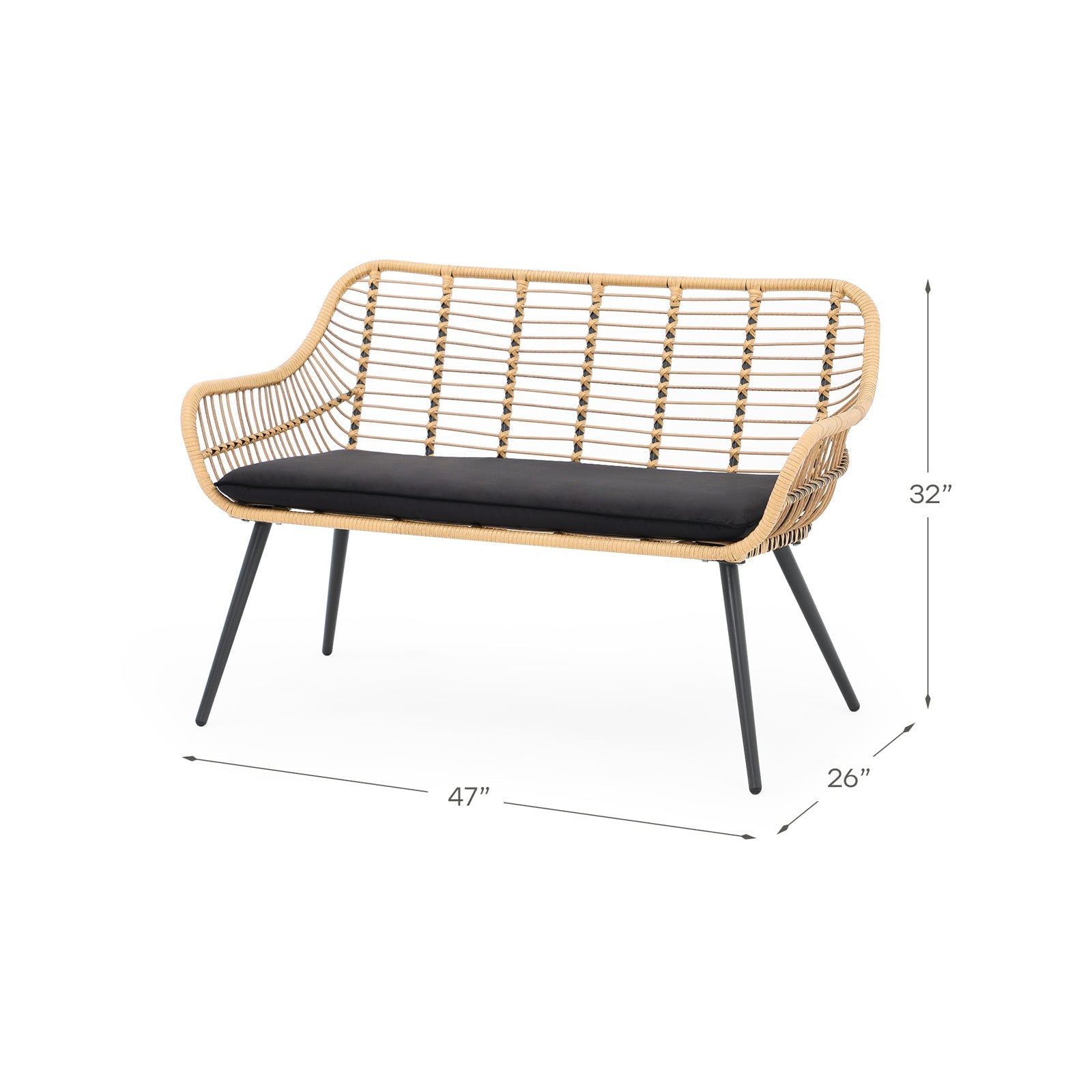 Oia Natural Wicker Outdoor loveseat with black cushions, dimension info - Jardina Furniture