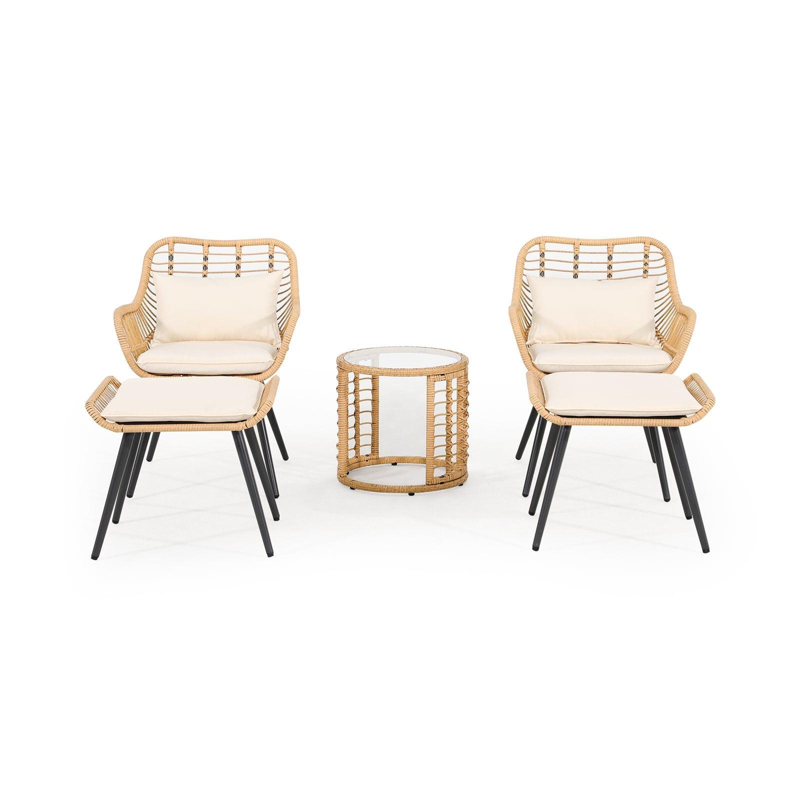 Oia 5 Piece Natural Wicker Patio Bistro Set, two bistro chairs with ottomans, one round bistro table, white cushions, front view- Jardina Furniture#Color_White