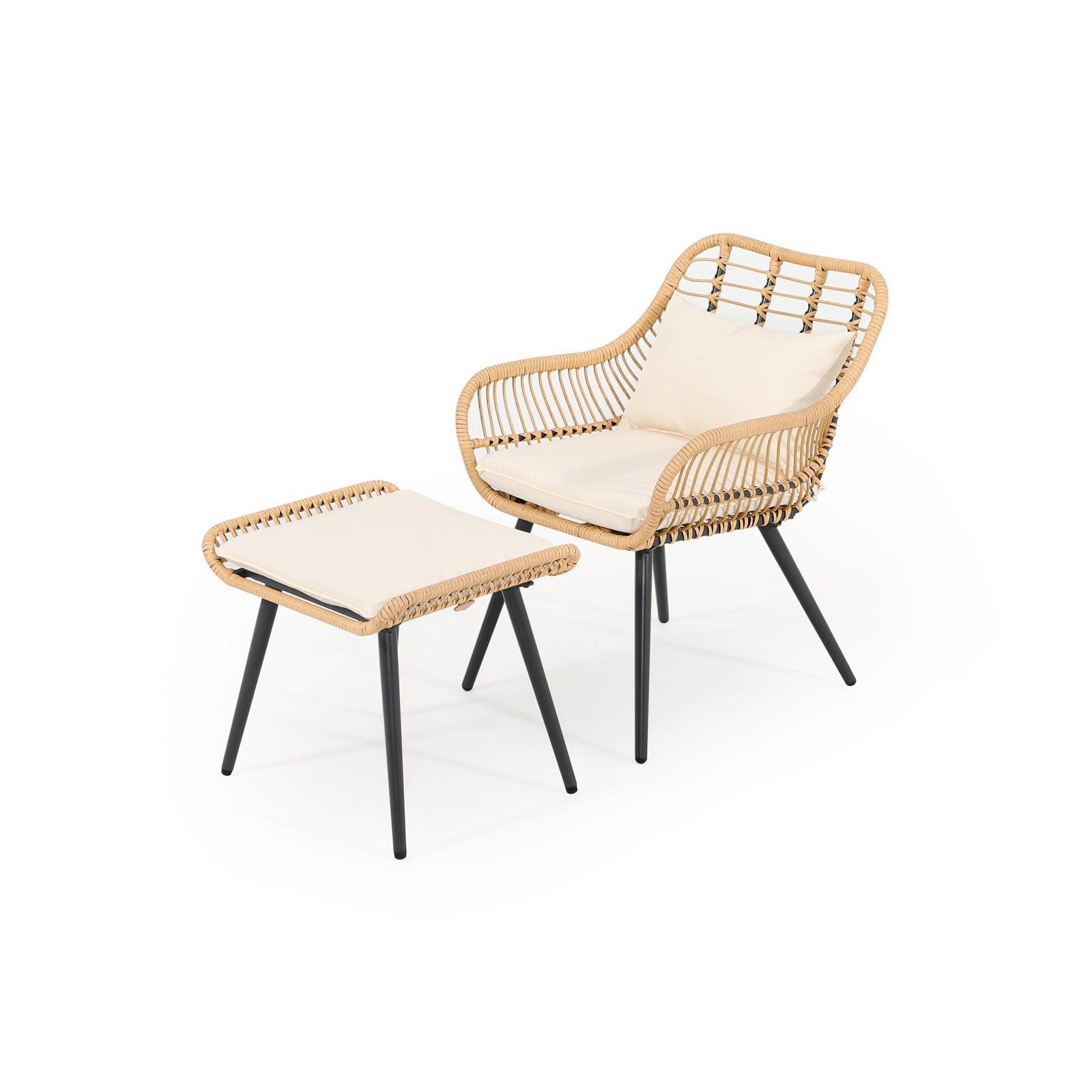 Oia natural wicker patio bistro chair with ottoman, white cushions, side view- Jardina Furniture #Color_White