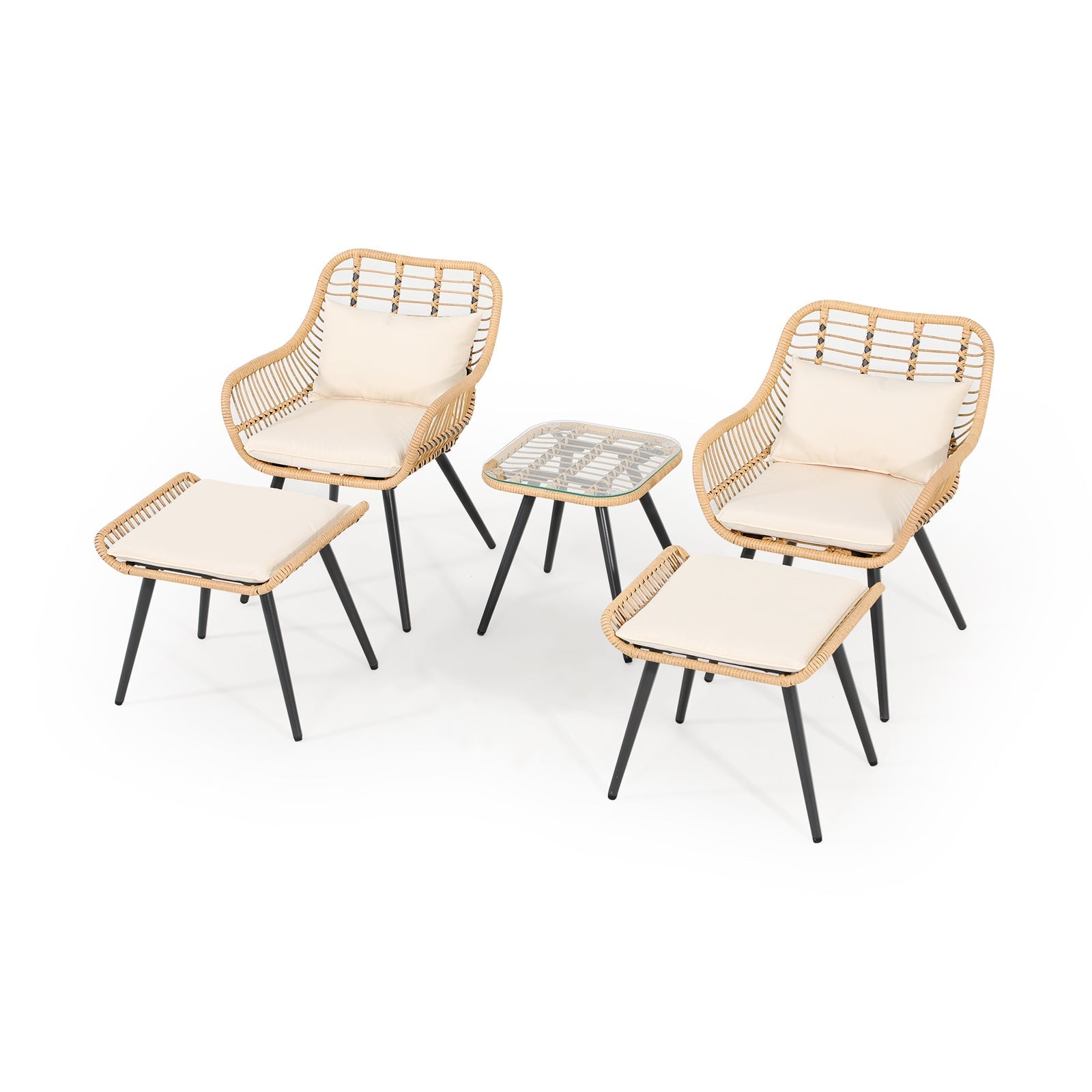 Oia Modern Wicker Outdoor Furniture, 5 Piece Natural Patio Bistro Set with white cushions, two bistro chairs with ottomans, one square bistro table, side view- Jardina Furniture#Color_White