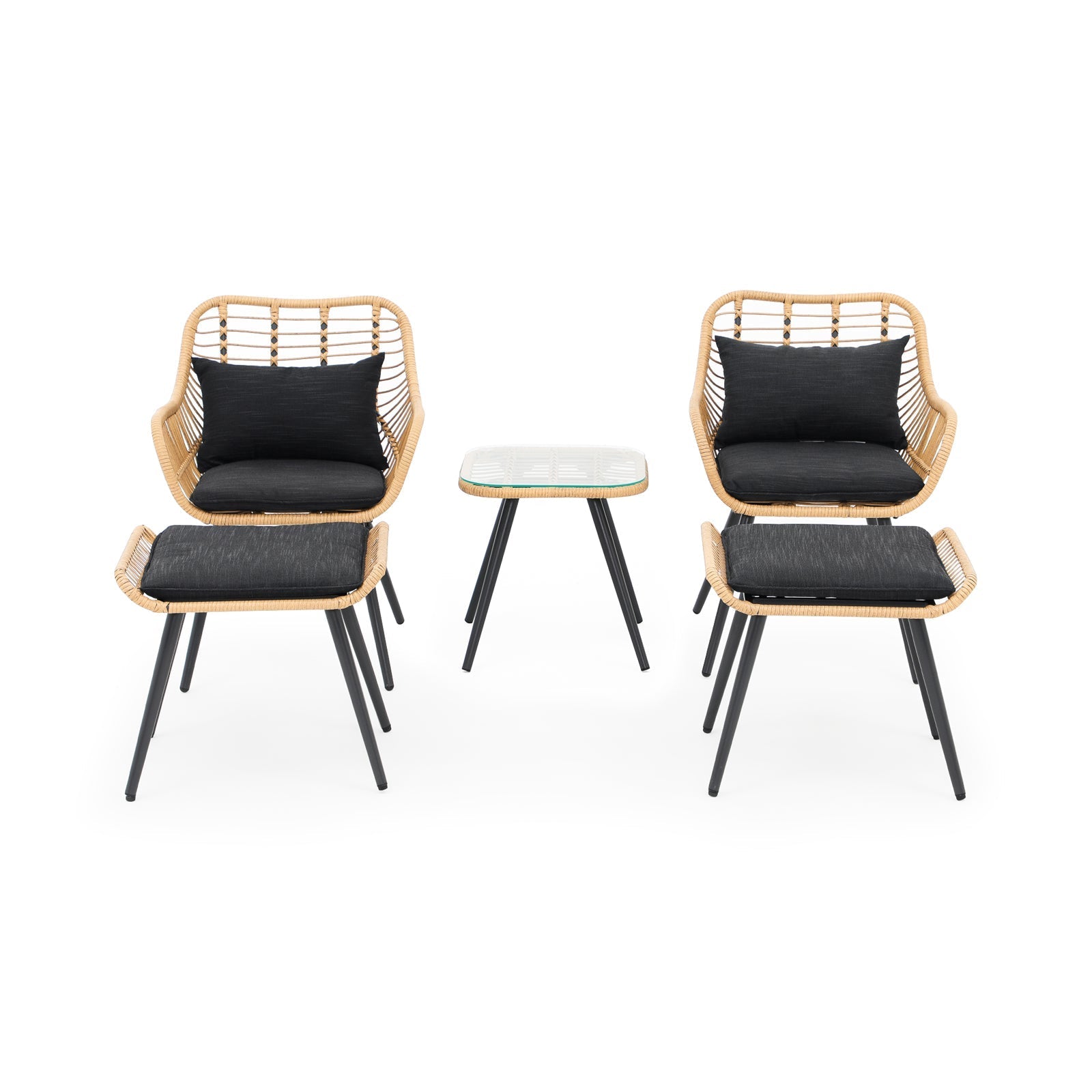 Oia Modern Wicker Outdoor Furniture, 5 Piece Natural Patio Bistro Set with black cushions, two bistro chairs with ottomans, one square bistro table, front view- Jardina Furniture#Color_Black