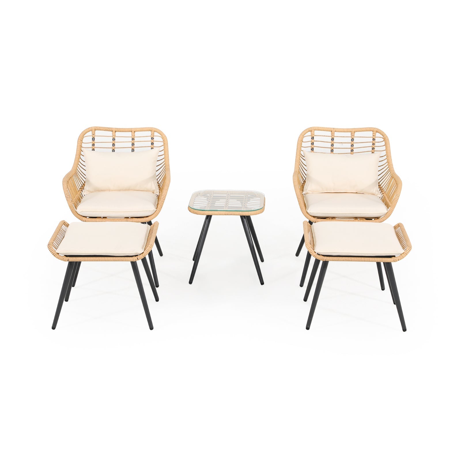 Oia 5 Piece Natural Wicker Patio Bistro Set, two bistro chairs with ottomans, one square bistro table, white cushions, front view- Jardina Furniture#Color_White