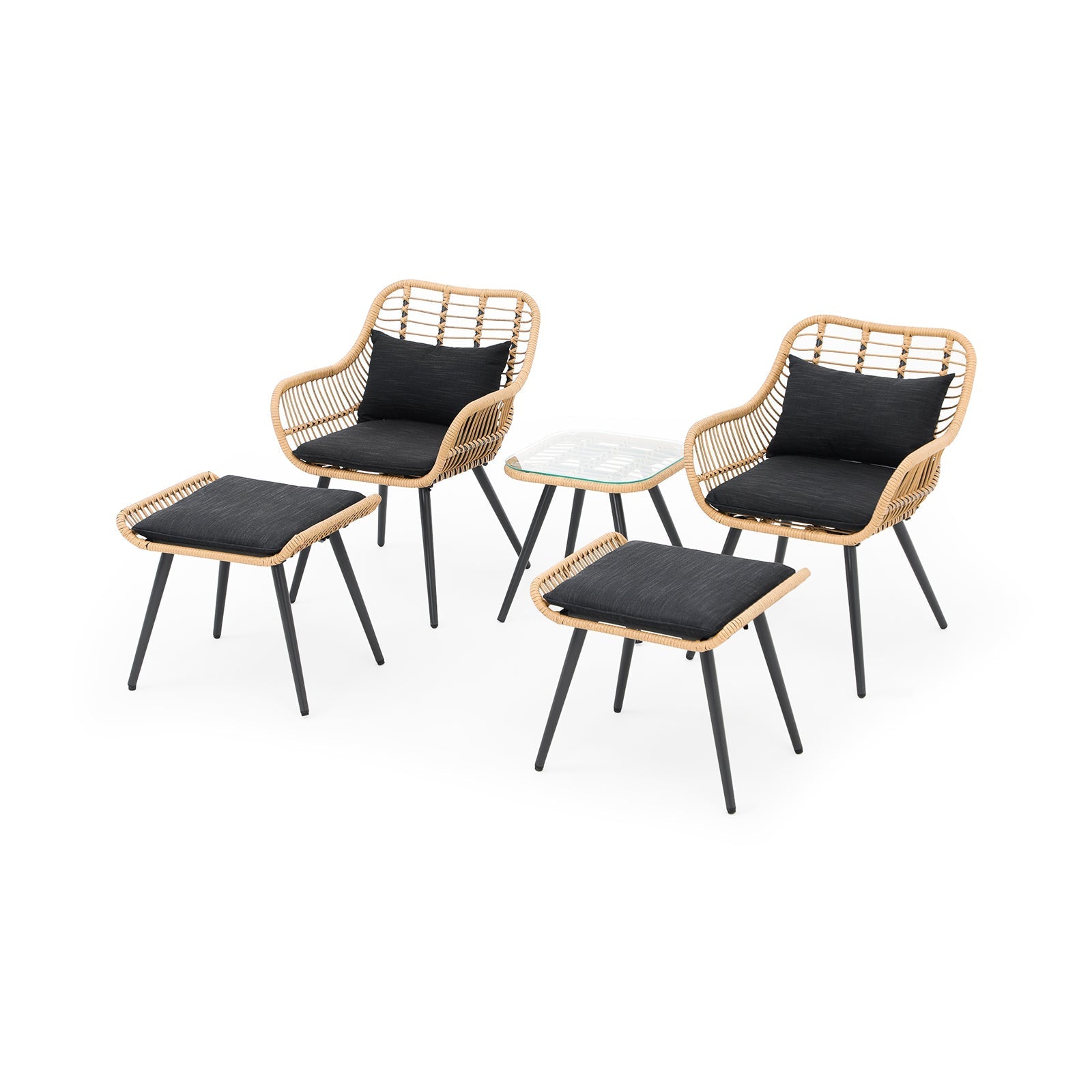 Oia 5 Piece Natural Wicker Patio Bistro Set, two bistro chairs with ottomans, one square bistro table, black cushions, side view- Jardina Furniture#Color_Black