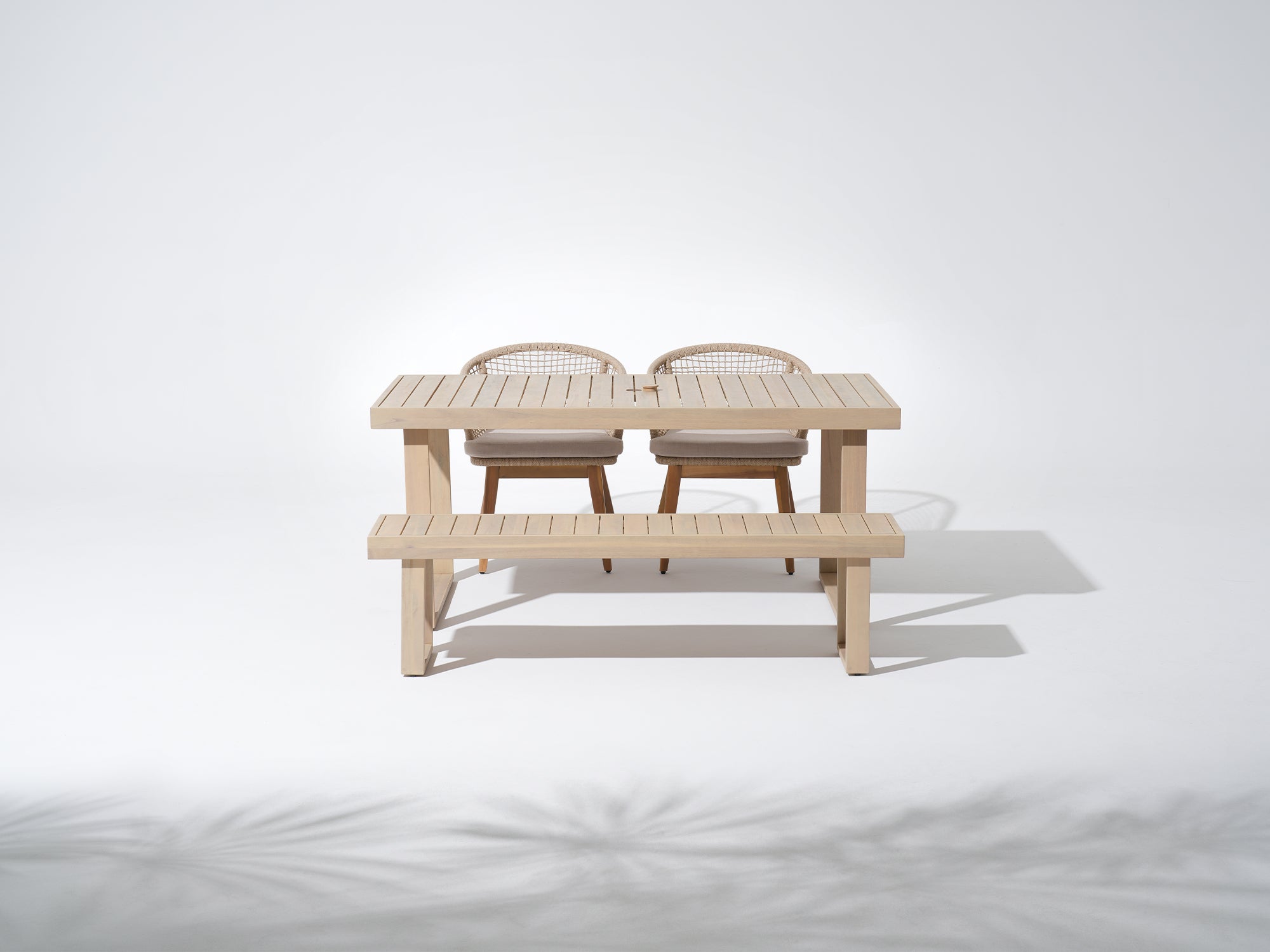 Acacia wood Outdoor Dining Set with Umbrella Hole for 4 People, two Checkerboard Woven Chairs & a Bench, 67" Sled-Leg- Jardina Premium Modern Outdoor Dining Furniture