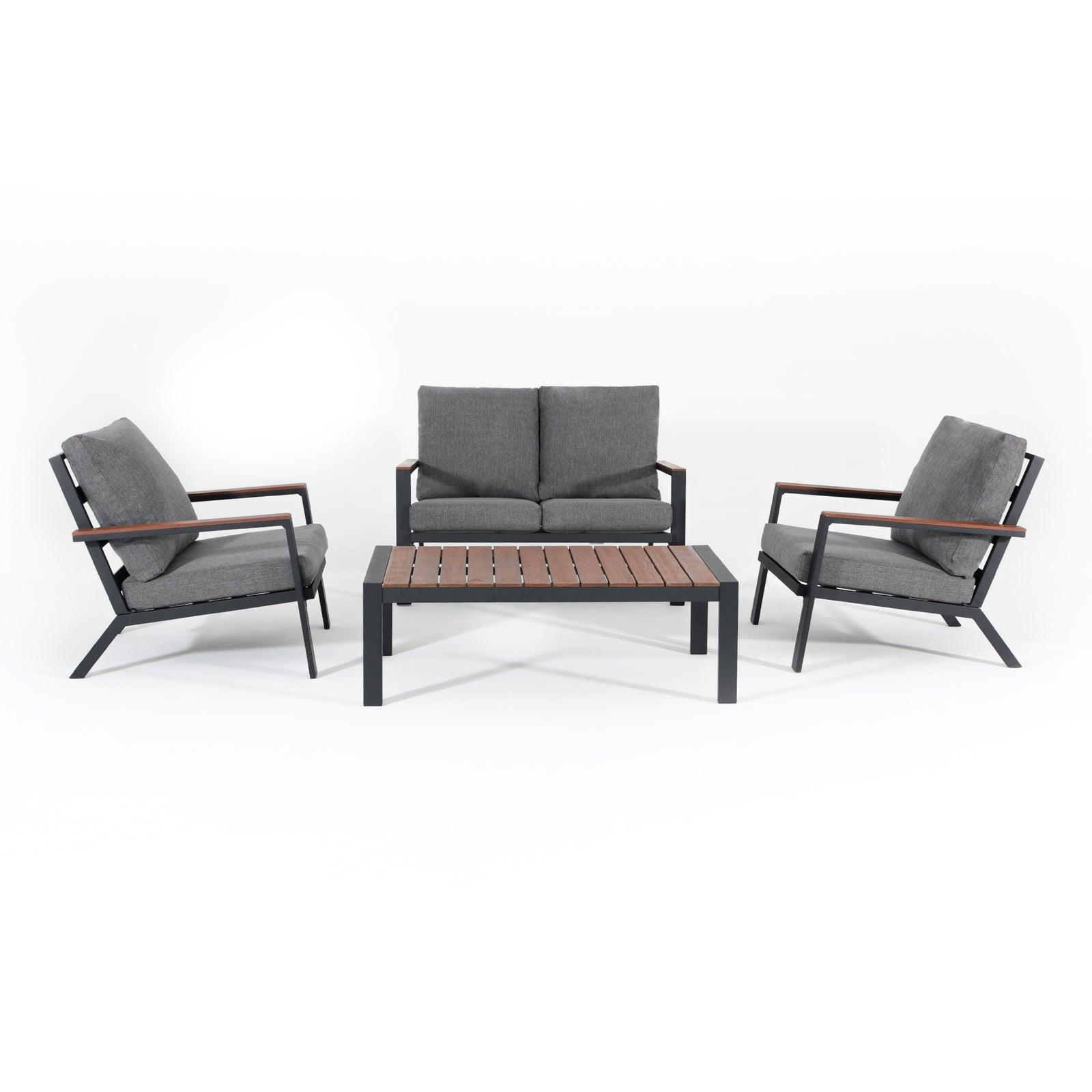 Ronda Modern Grey Aluminum Outdoor Conversation set with wood design, 4-Piece Outdoor Seating Set with grey cushions, a loveseat, 2 armchairs, 1 slat-top eucalyptus wood finish table - Jardina Premium Modern Outdoor Patio Furniture Set