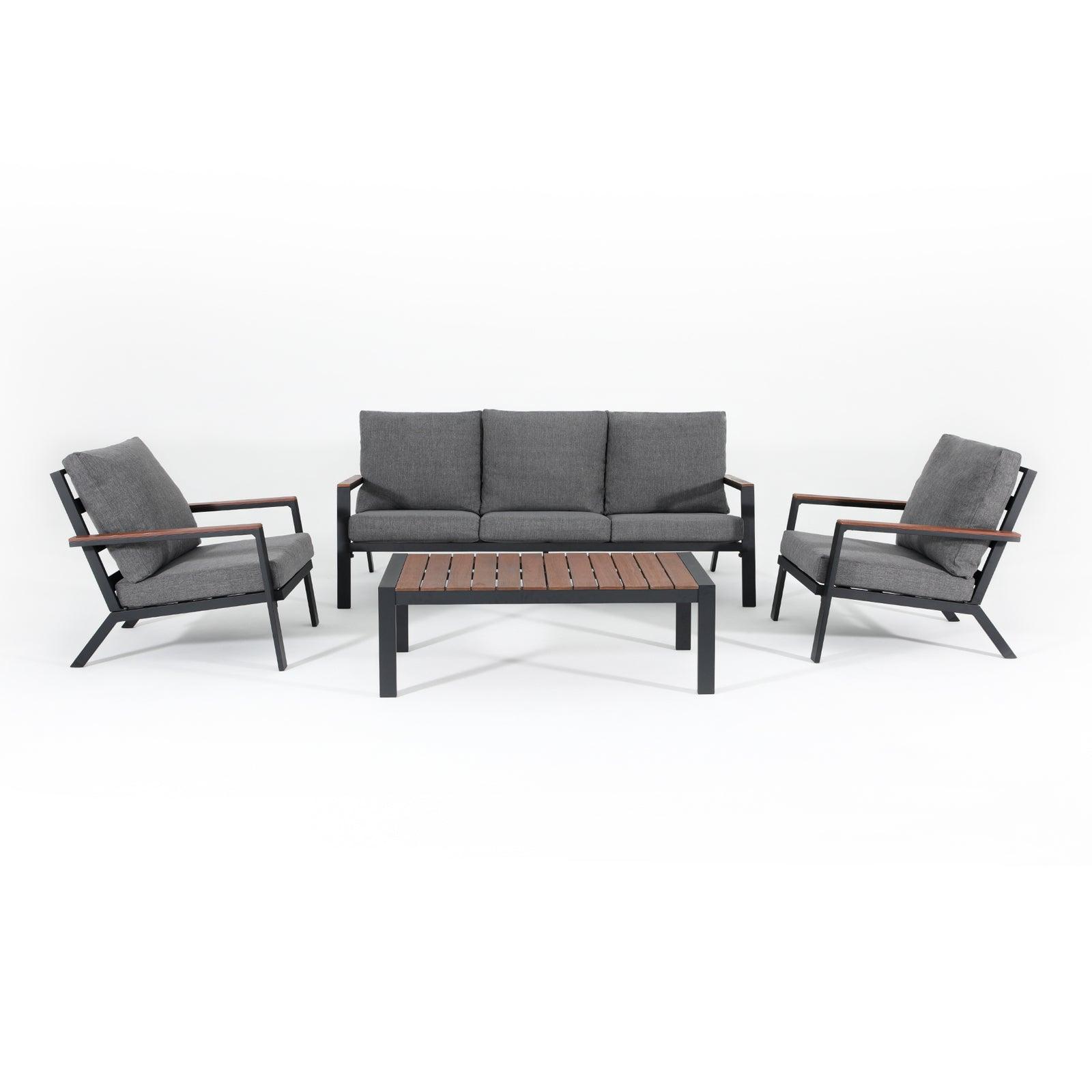 Ronda Modern Aluminum Outdoor conversation set, 4-Pc Grey aluminum frame outdoor conversation set with dark grey cushions, wood armrest design, a loveseat, 2 armchairs, 1 slat-top eucalyptus wood finish table - Jardina Premium Modern Outdoor Patio Furniture Set