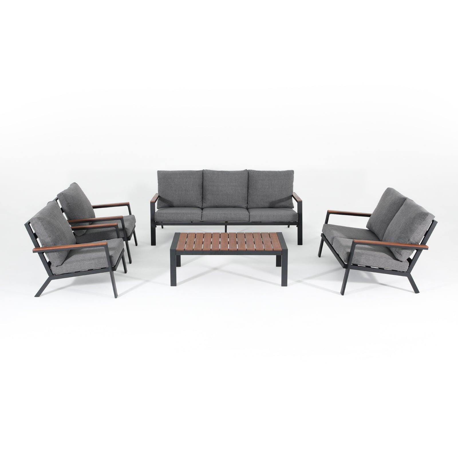 Ronda 7 seats patio conversation seating set, 5-Piece outdoor Sofa Set with aluminum frame, wood design armrest, grey cushions, a 3-seater sofa, a loveseat 2 arm chairs , 1 slat-top eucalyptus wood finish table, front view - Jardina Premium Modern Outdoor Patio Furniture Set#Pieces_5-pc