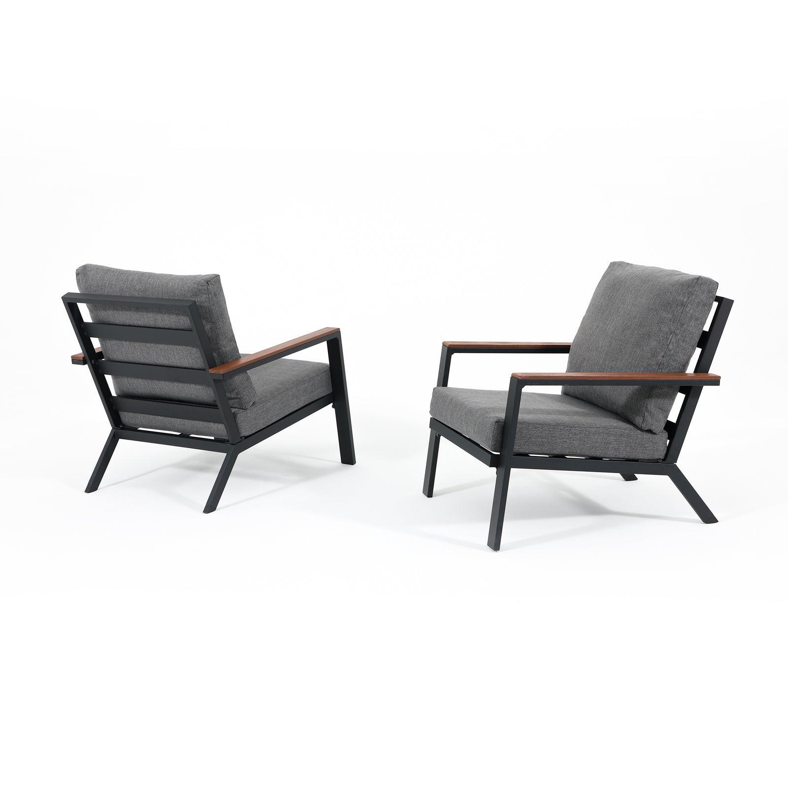 Ronda Modern Aluminum Frame Outdoor Furniture, 2 piece outdoor lounge chairs with wood design, grey cushions, wood finish armrest, two angles- Jardina Furniture