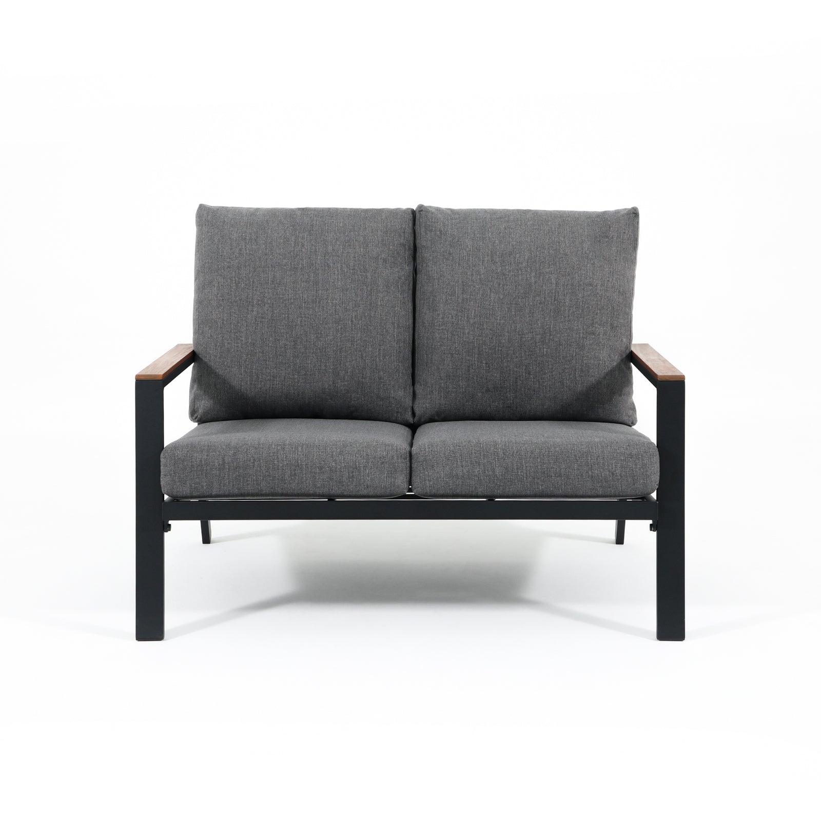 Ronda Modern Aluminum Frame Outdoor Furniture, Grey Outdoor Loveseat with grey cushions, wood finish armrest, Front View- Jardina Premium Modern Outdoor Sofa