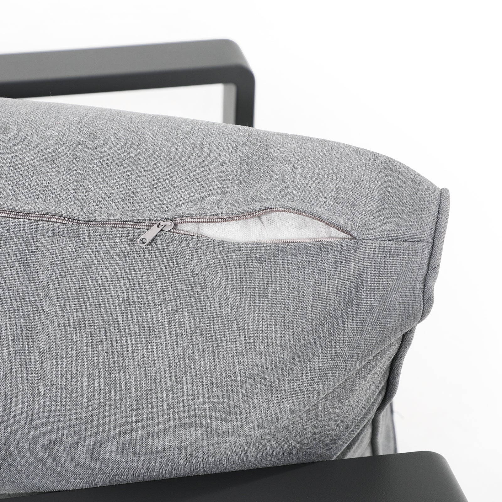 Salina outdoor lounge Chairs with aluminum frame, grey cushions, soft cushion detail-Jardina Furniture