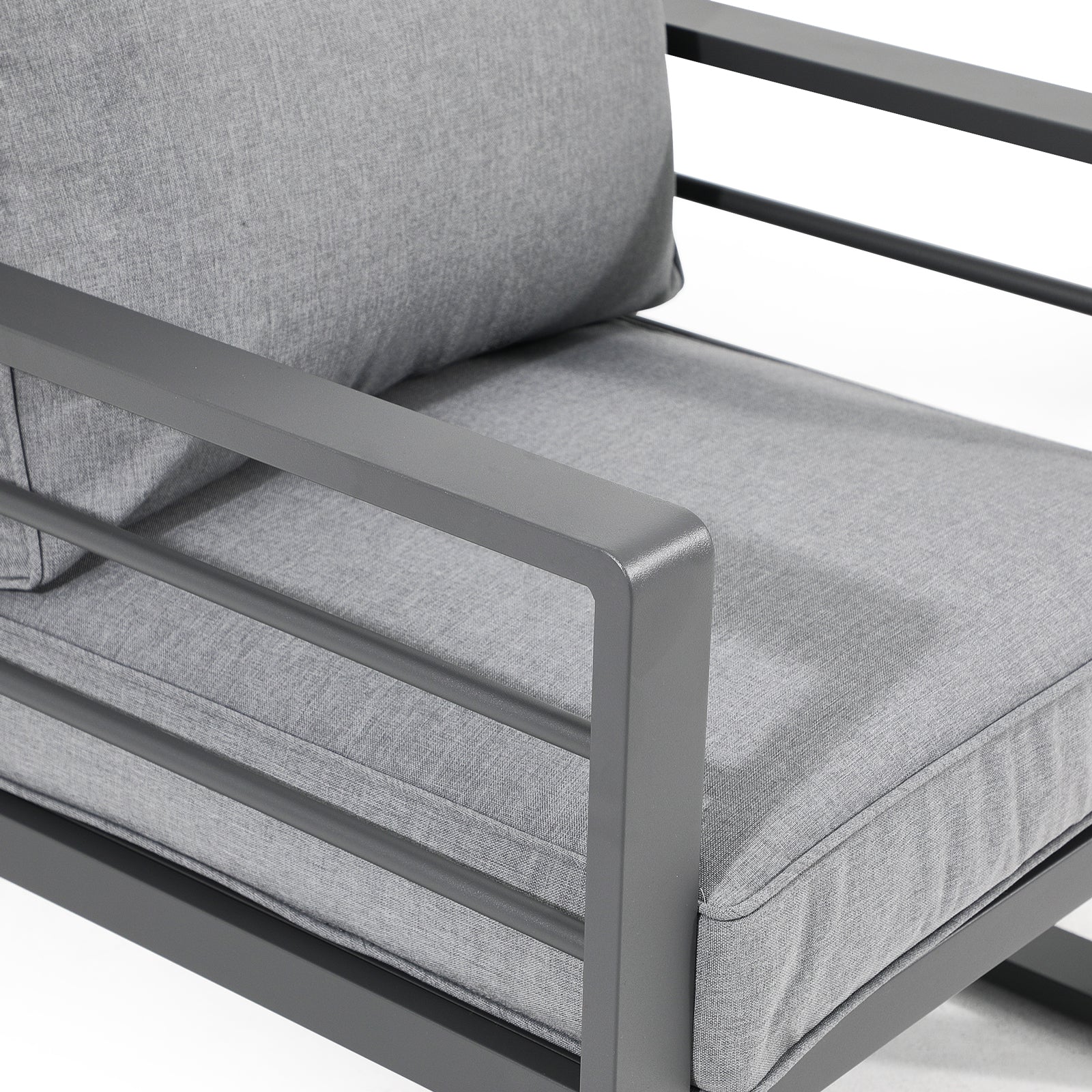Salina outdoor lounge Chairs with aluminum frame, grey cushions, smooth armrest, soft cushion-Jardina Furniture