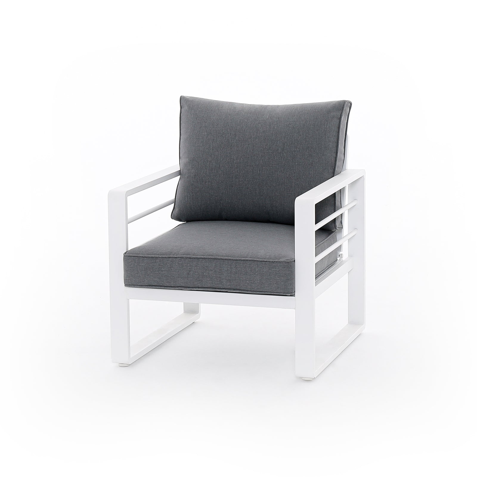 Salina white outdoor lounge Chairs with aluminum frame, grey cushions, left - Jardina Furniture