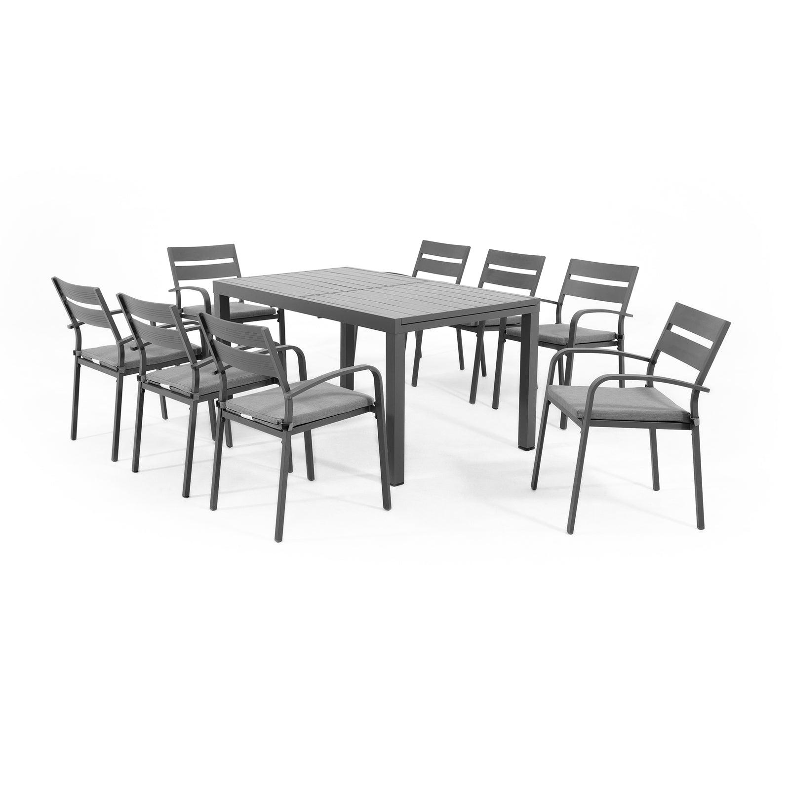 Salina Modern Aluminum Outdoor Furniture, Grey Aluminum Frame Outdoor Dining Set for 8, 8 dining chairs with grey cushions and 1 Extendable Table - Jardina Furniture #color_Grey#Pieces_9-pc.