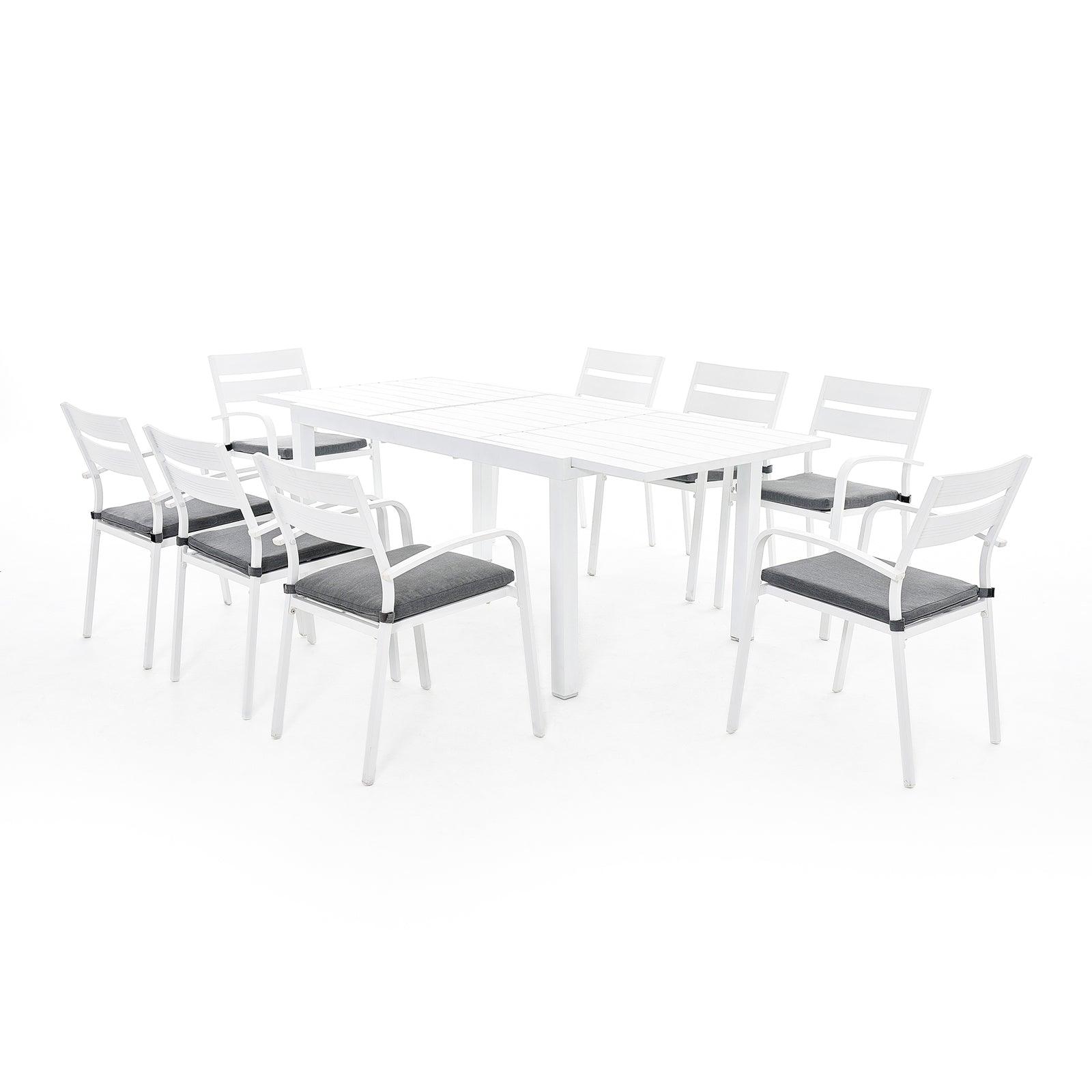 Salina White Aluminum Outdoor Dining Set, 8 dining chairs with cushions and 1 Extendable Table - Jardina Furniture #color_White#Pieces_9-pc.