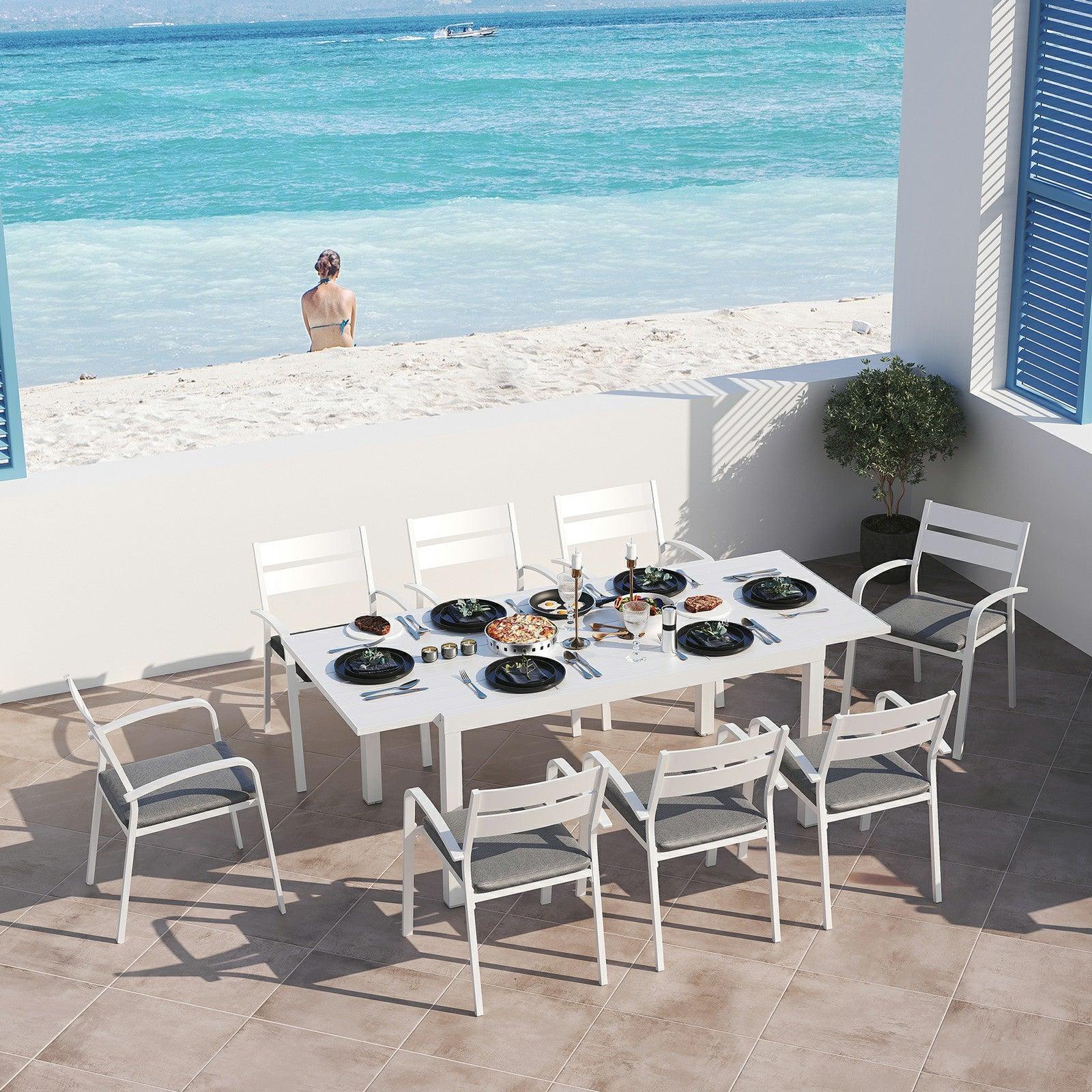 Salina white outdoor Metal Dining Set with aluminum frame , 1 Extendable Table, 8 dining chairs - Jardina Furniture #color_White