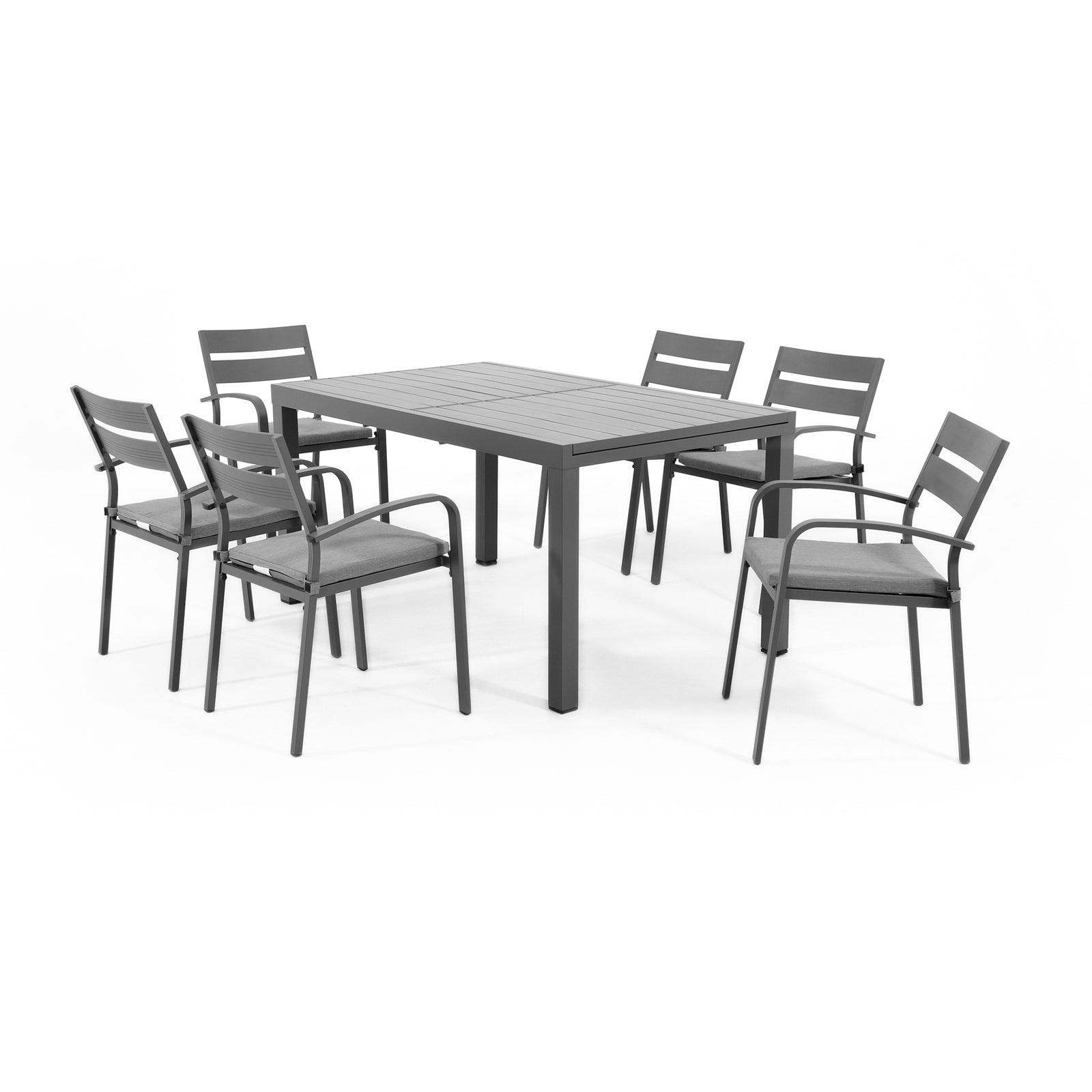 Salina Grey Aluminum Outdoor Dining Set, 6 dining chairs with cushions and 1 Extendable Table - Jardina Furniture #color_Grey#Pieces_7-pc.