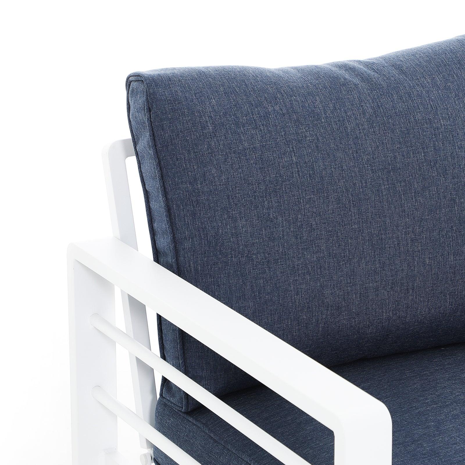 Salina white outdoor loveseat with aluminum frame, blue cushions, frame and cushion detail - Jardina Furniture