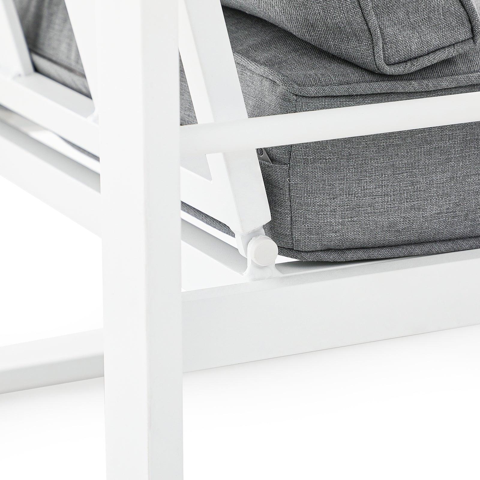 Salina white outdoor loveseat with aluminum frame, grey cushions, frame detail - Jardina Furniture