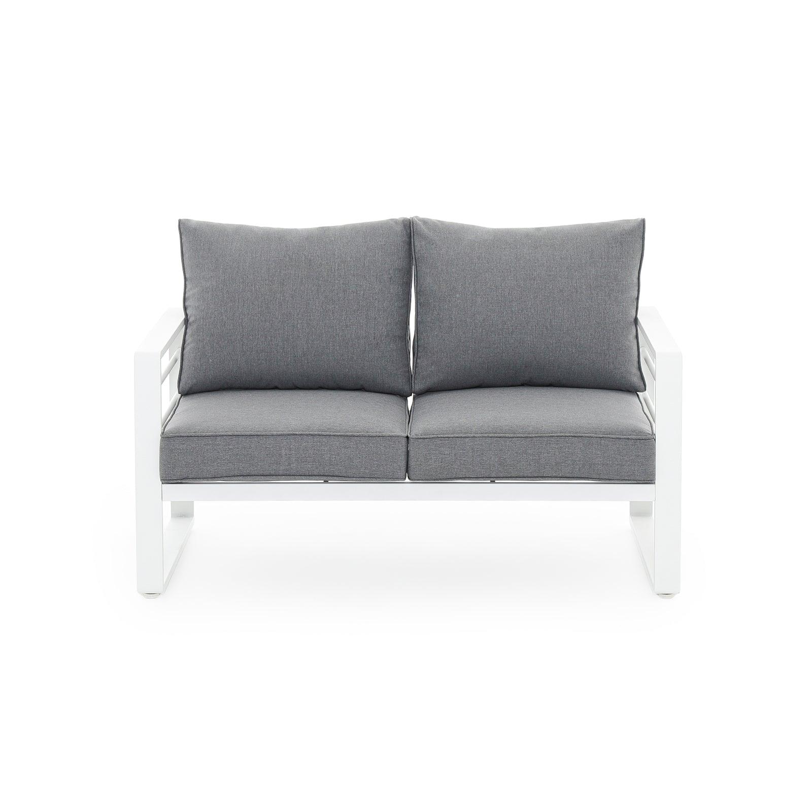 Salina Modern Aluminum Outdoor Furniture, White Aluminum Frame Outdoor Loveseat with Grey Cushions - Jardina Furniture