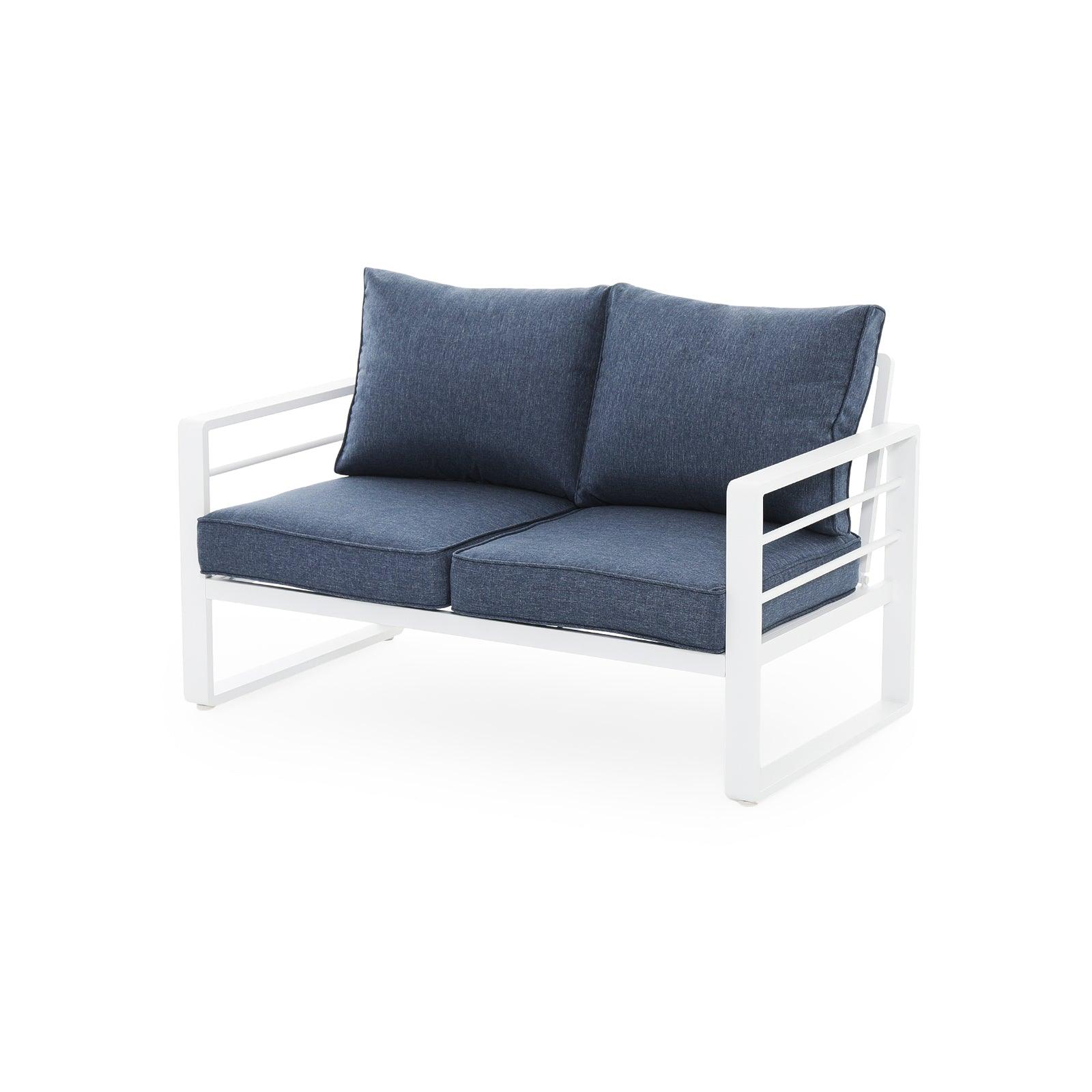 Salina white outdoor loveseat with aluminum frame, blue cushions, left - Jardina Furniture