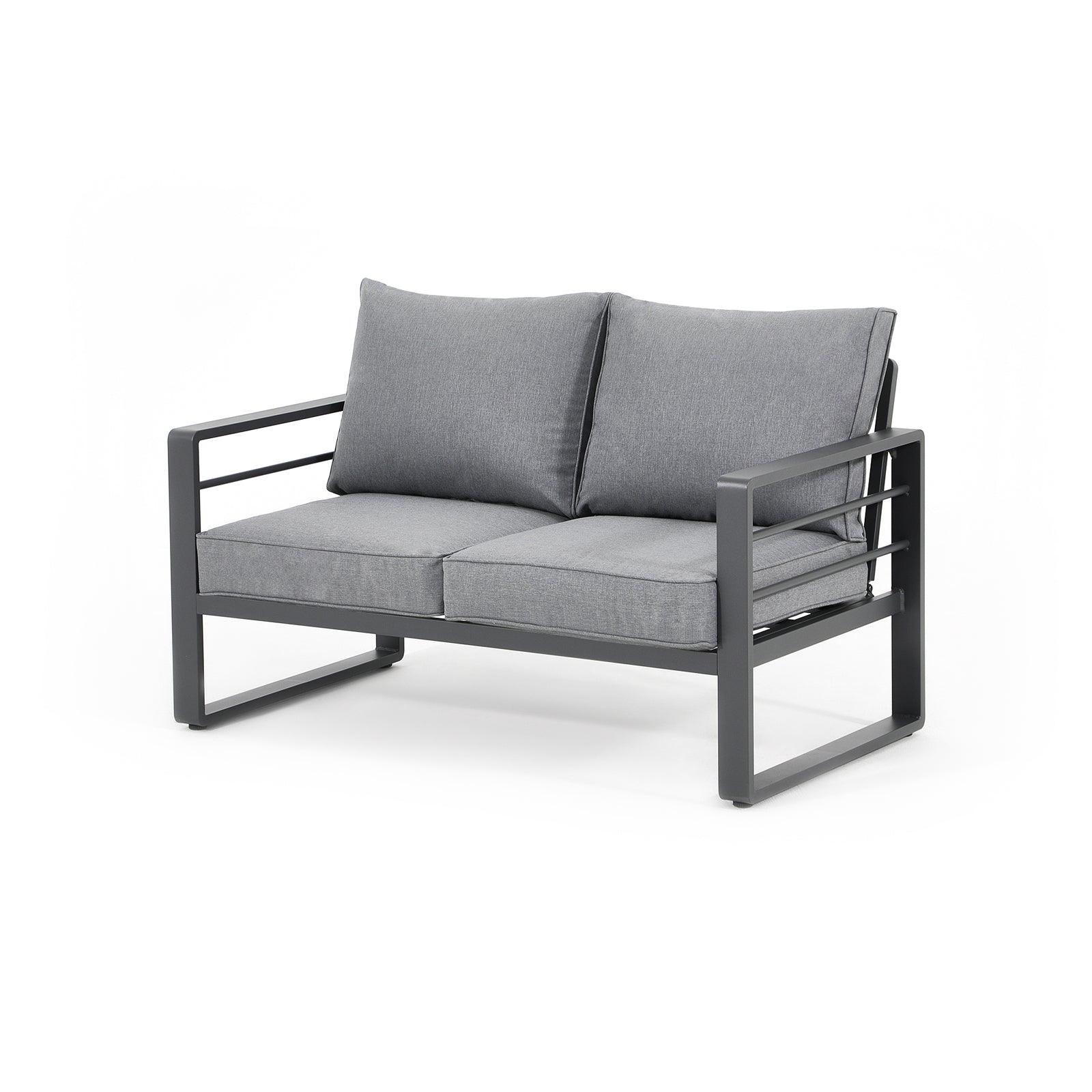 Salina grey outdoor loveseat with aluminum frame, grey cushions, left angle, - Jardina Furniture