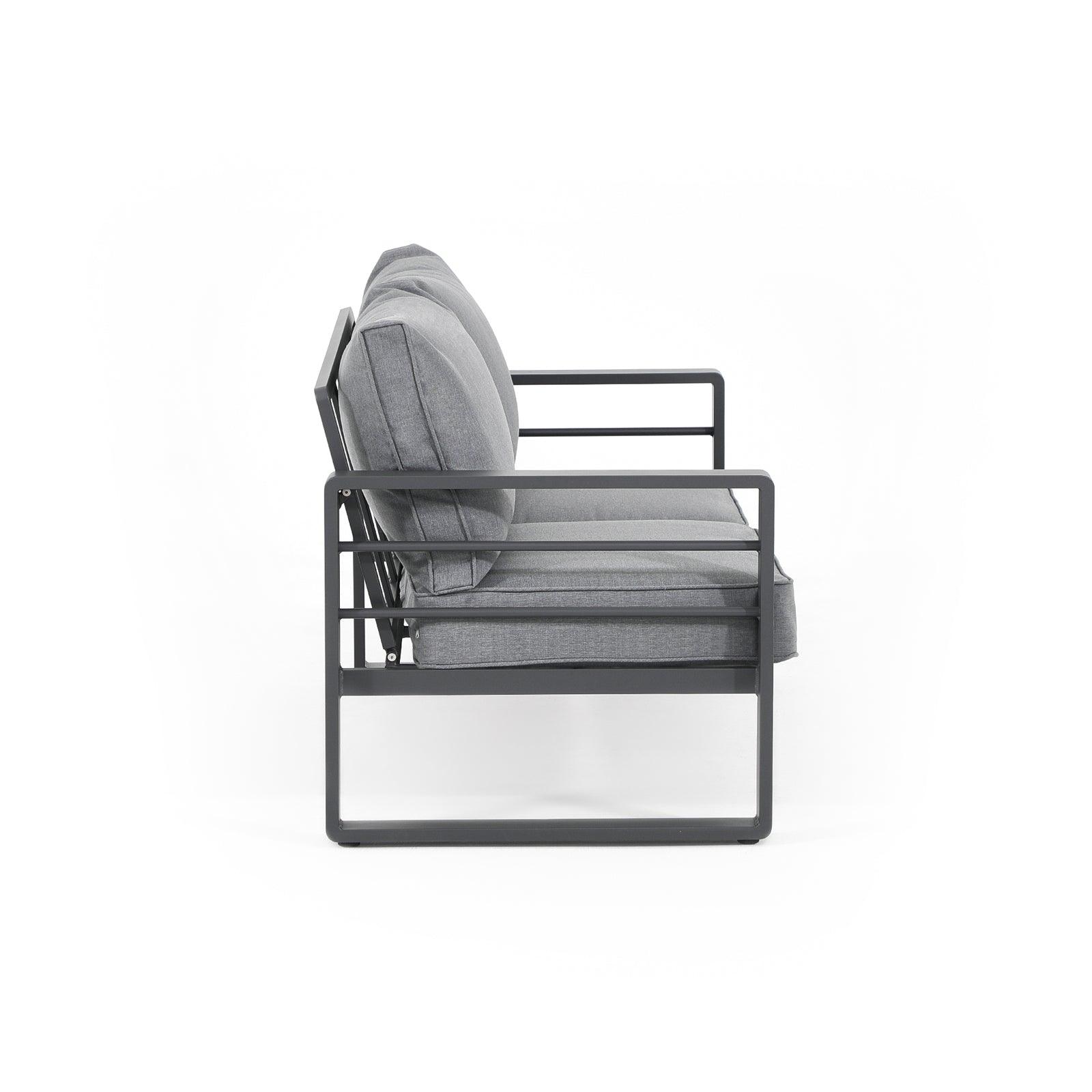 Salina grey outdoor loveseat with aluminum frame, grey cushions, side view - Jardina Furniture