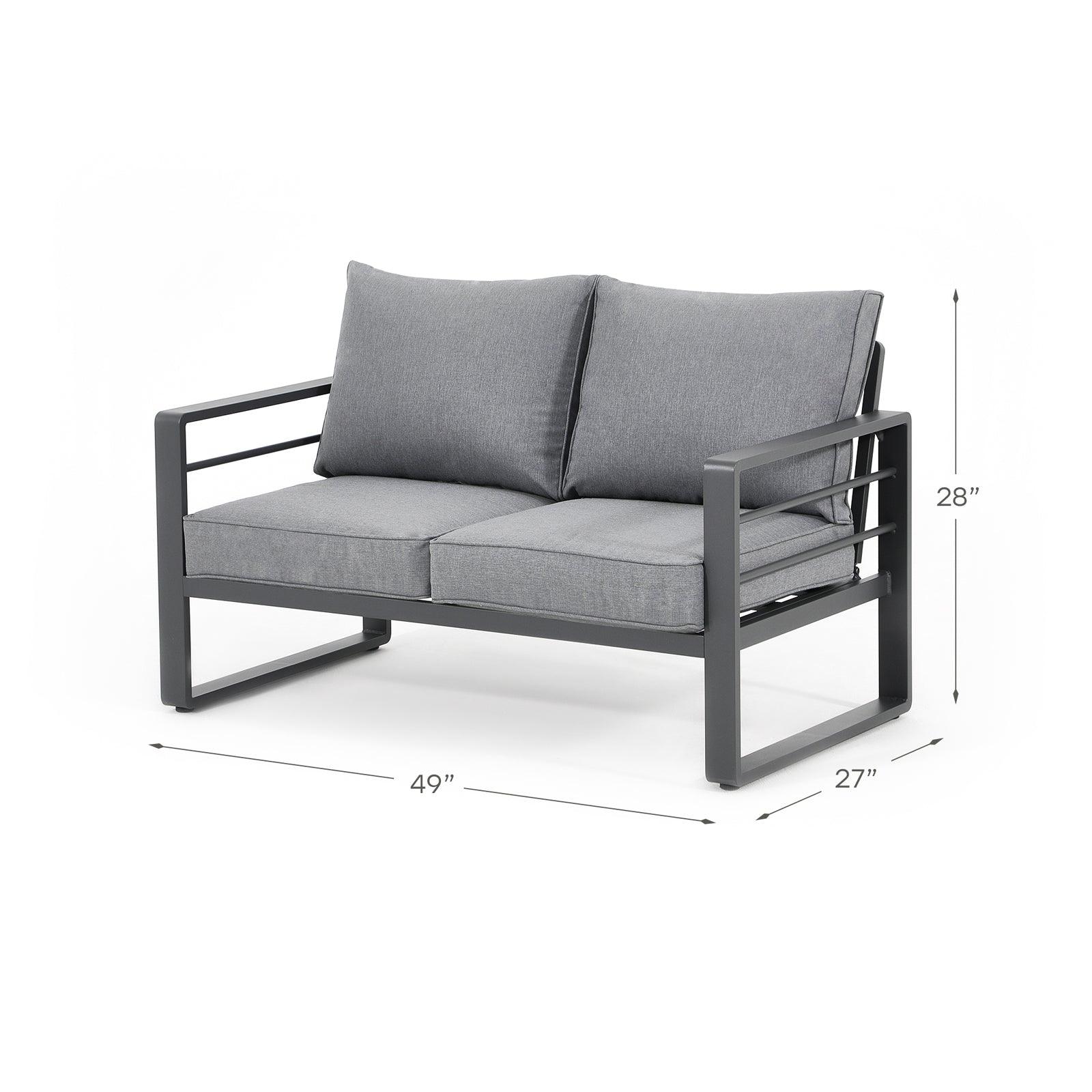 Salina Aluminum Outdoor Loveseat with Cushions, Dimension Information- Jardina Furniture