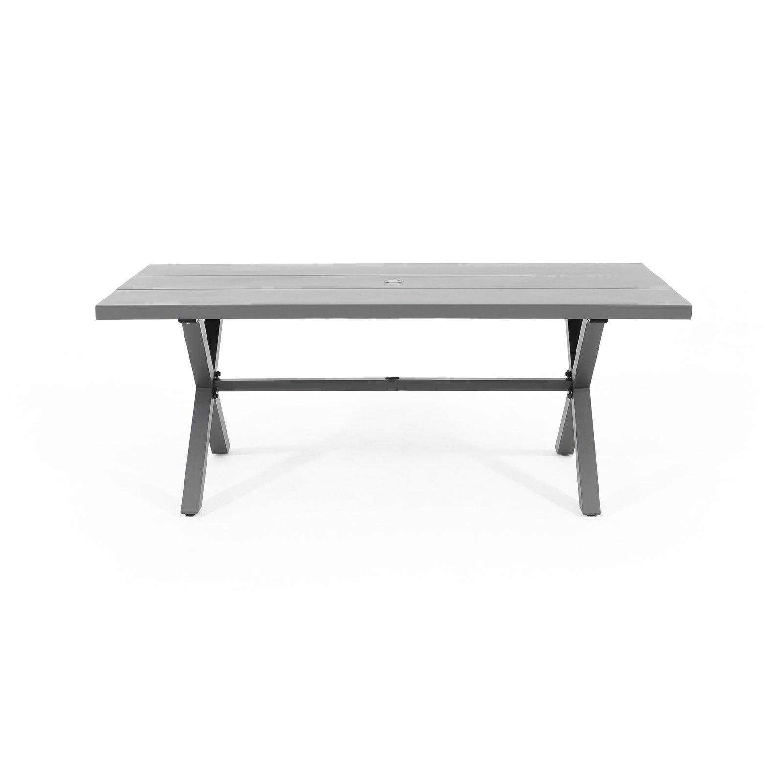 Salina Modern Aluminum Outdoor Dining Table for 8 with Umbrella Hole, Grey Aluminum Frame, Rectangular Shape, X-Shaped Leg Design - Jardina Furniture#color_Dark Grey
