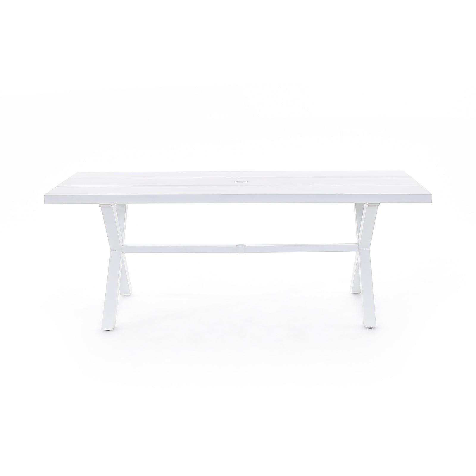 Salina White Aluminum Rectangular Dining Table for 8 with Umbrella Hole, X-Shaped Leg Design - Jardina Furniture#color_White