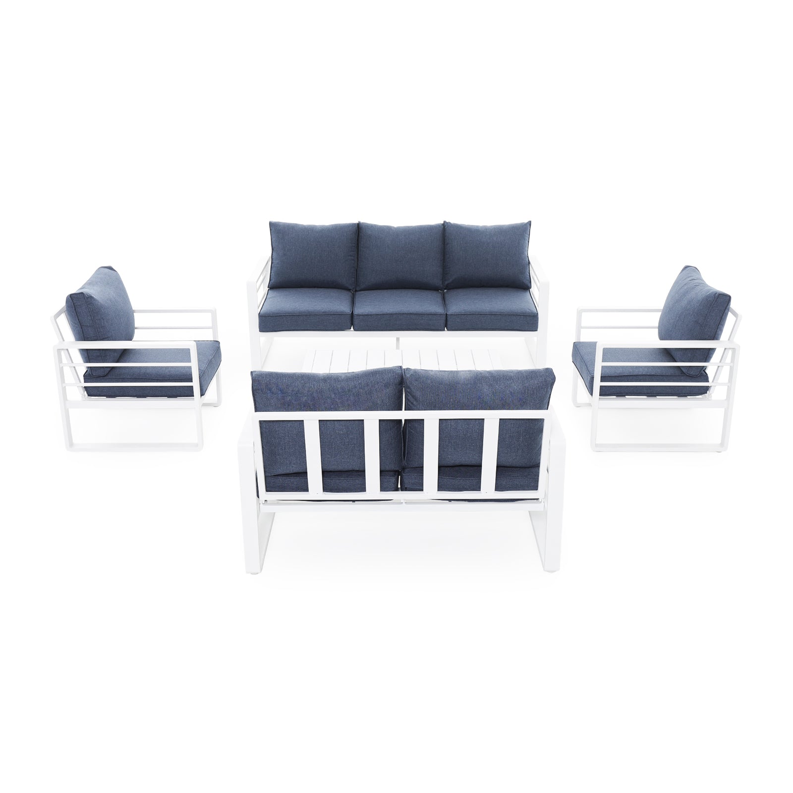 Salina Modern White Aluminum Outdoor Sofa Set with Navy Blue Cushions, a 3-seater sofa, 2-seater sofa, 2 armchairs, 1 rectangle coffee table, front view - Jardina Furniture