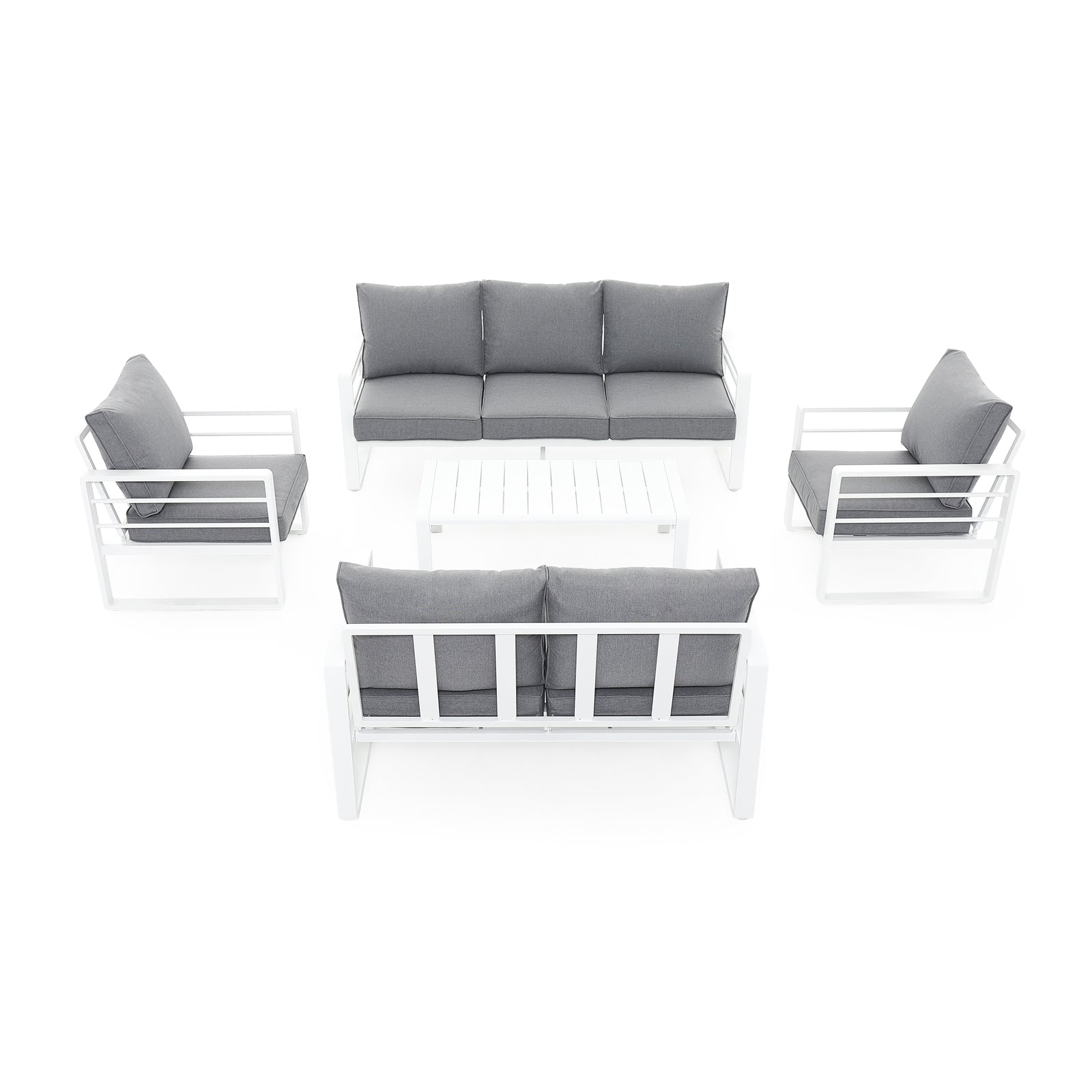 Salina Modern White Aluminum Outdoor Sofa Set with Grey Cushions, a 3-seater sofa, 2-seater sofa, 2 armchairs, 1 rectangle coffee table, front view - Jardina Furniture