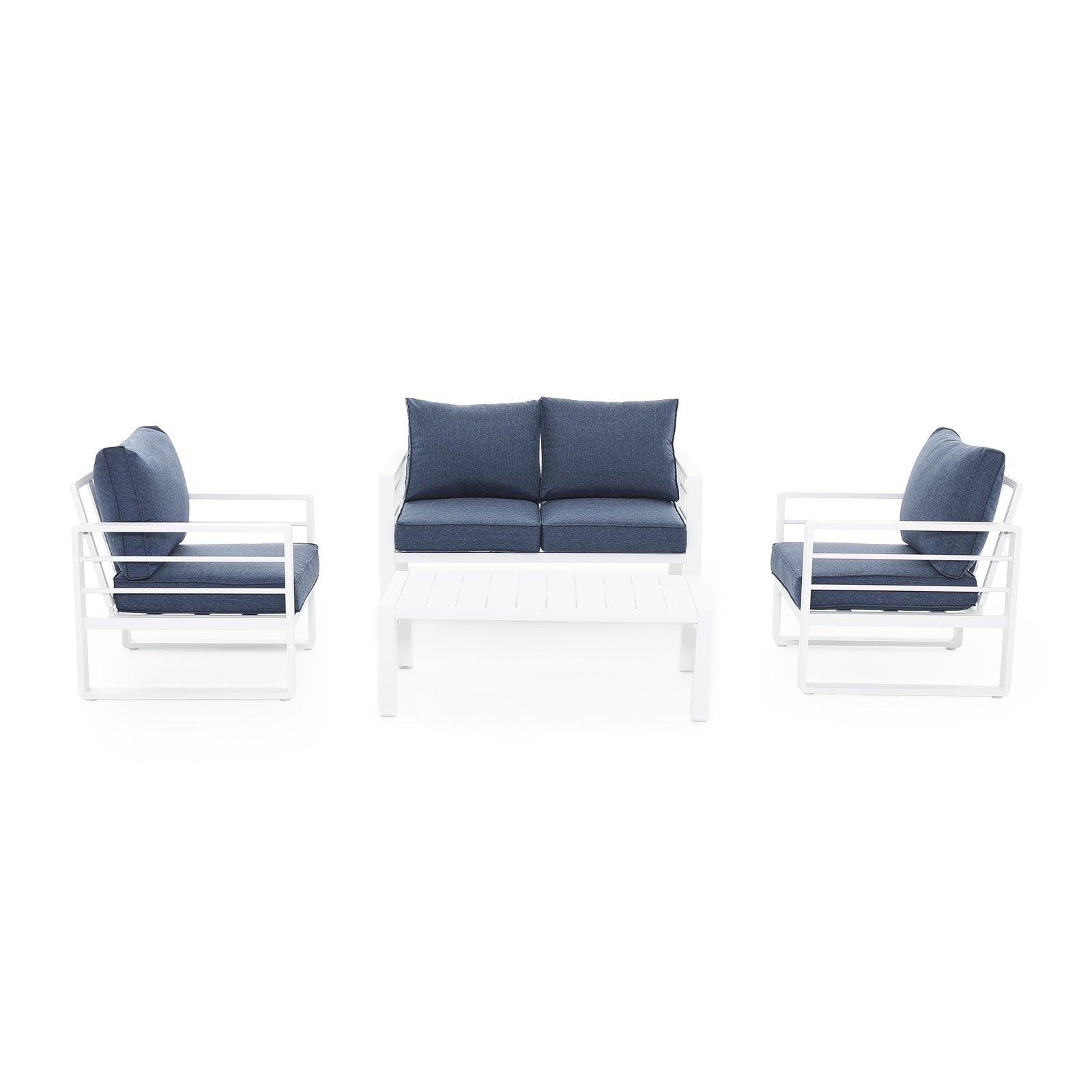 Salina Modern White Aluminum Outdoor Sofa Set with Navy Blue Cushions, a 2-seater sofa, 2 armchairs, 1 rectangle coffee table, front view - Jardina Furniture