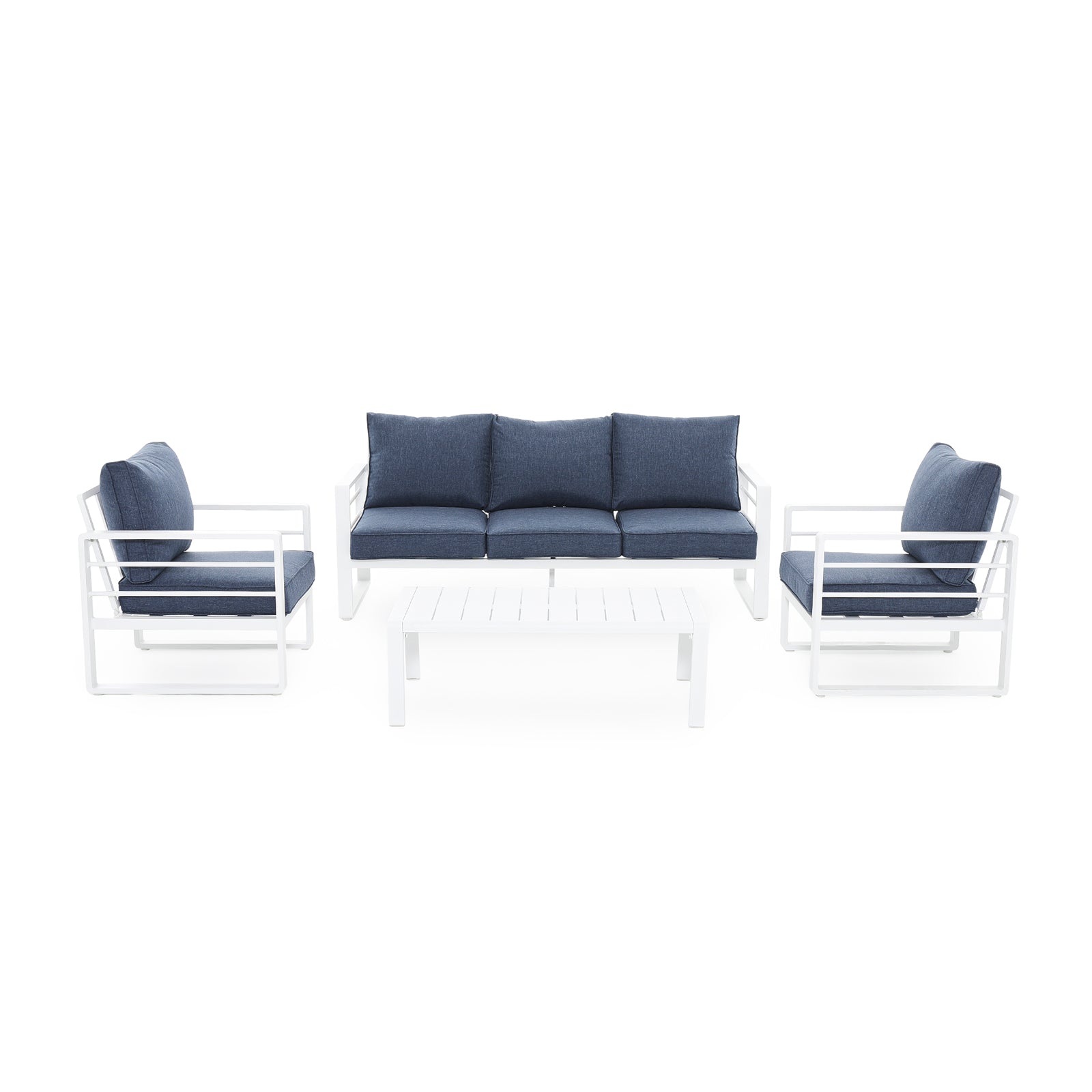 Salina Modern White Aluminum Outdoor Sofa Set with Navy Blue Cushions, a 3-seater sofa, 2 armchairs, 1 rectangle coffee table, front view - Jardina Furniture