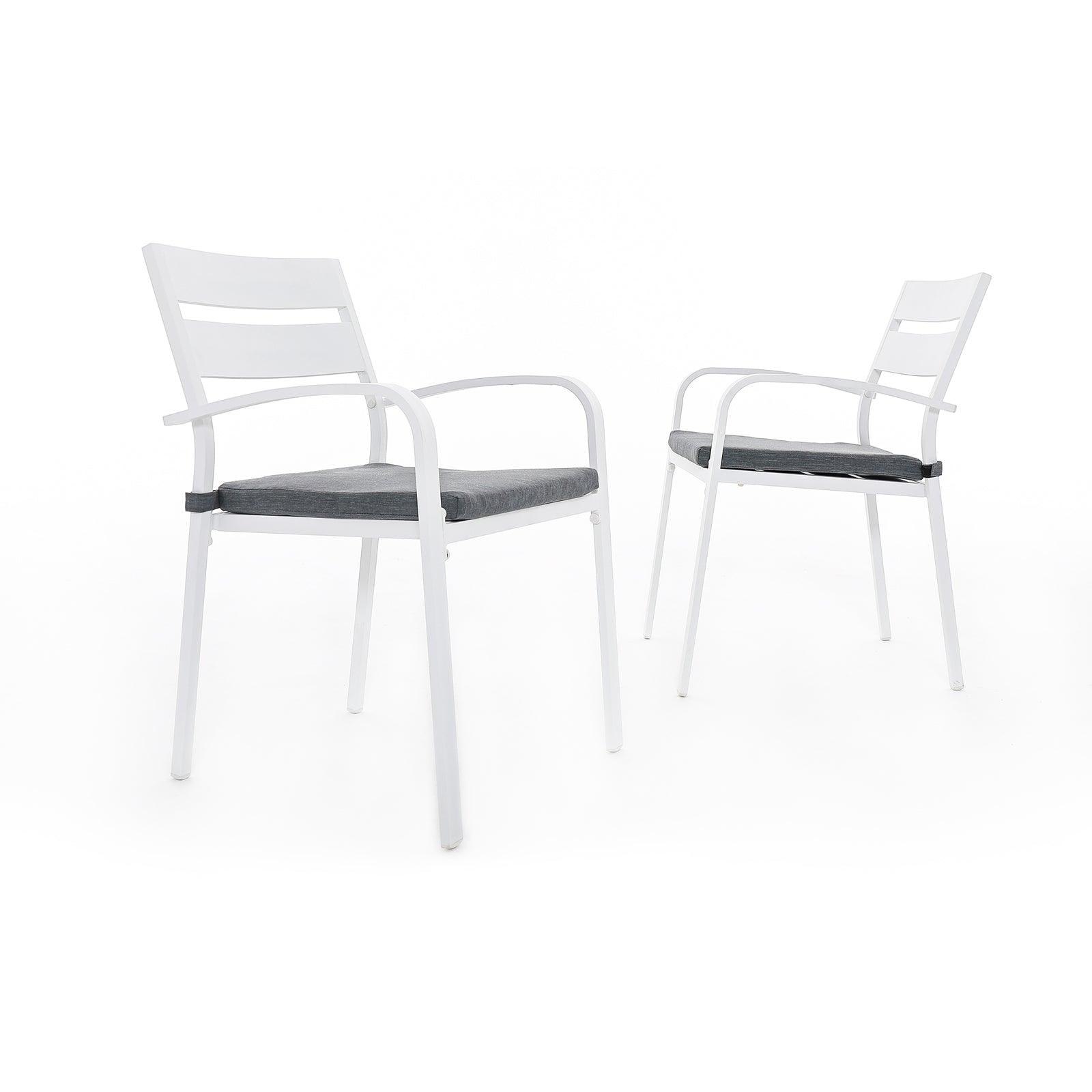 Salina 2 piece white outdoor Stackable Metal Dining Chairs, grey cushions - Jardina Furniture#color_White