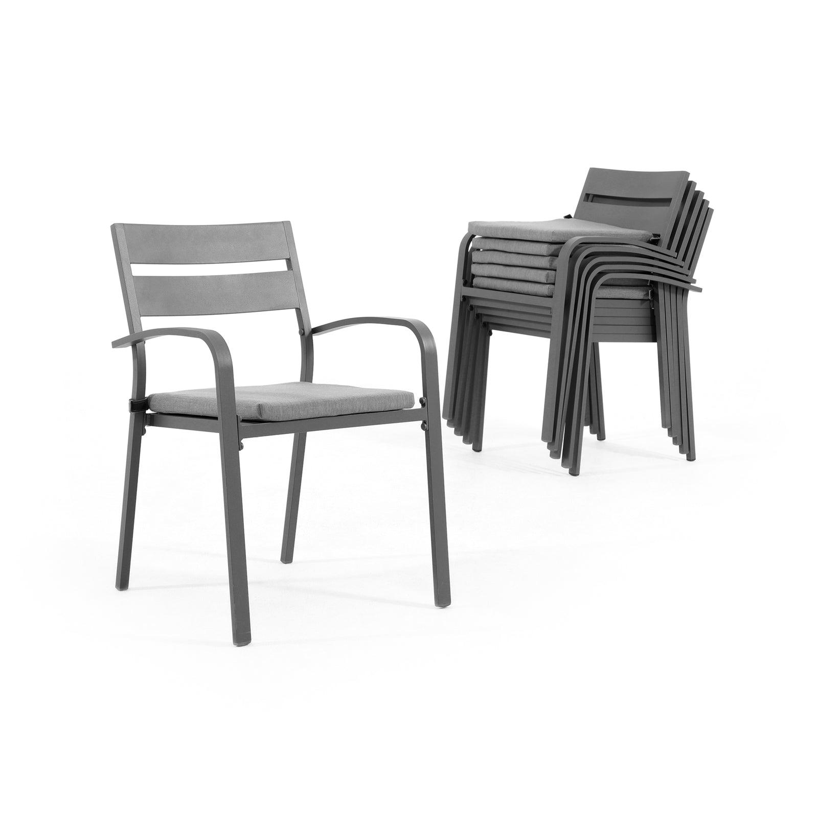Salina Aluminum Outdoor Dining Chairs, grey outdoor Stackable Metal Dining Chairs, grey cushions, right - Jardina Furniture - 1#color_Dark Grey