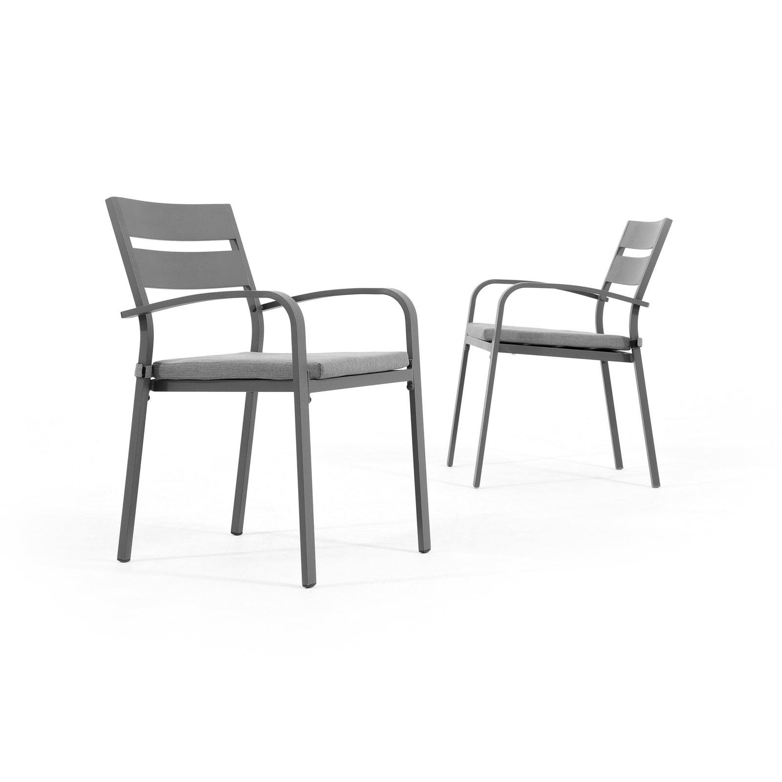 Salina 2 piece grey outdoor Stackable Metal Dining Chairs, grey cushions - Jardina Furniture#color_Dark Grey