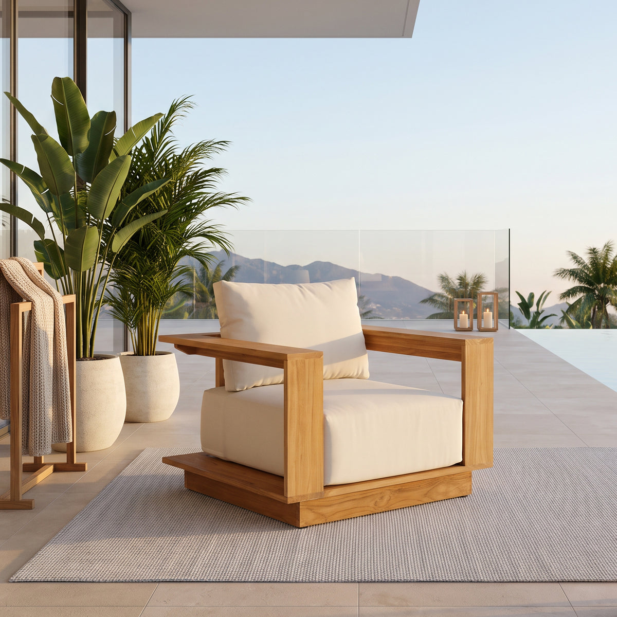 Braga FSC-Certified Solid Teak Outdoor Lounge Chair, Wide Armrests, Cream Olefin Cushion