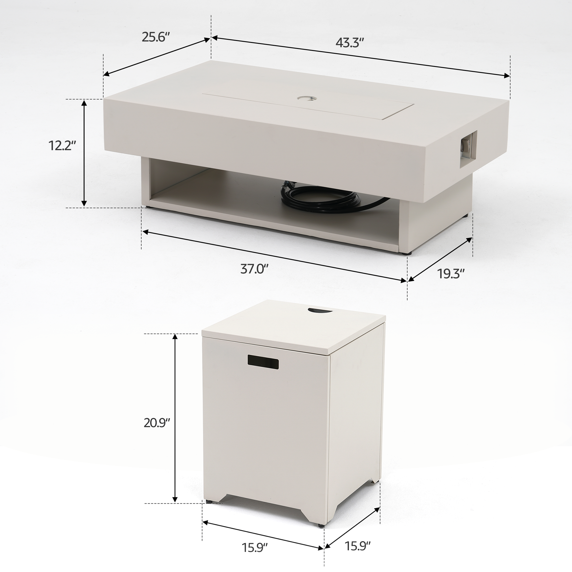 Measurement chart of a white fire pit table with dimensions labeled.