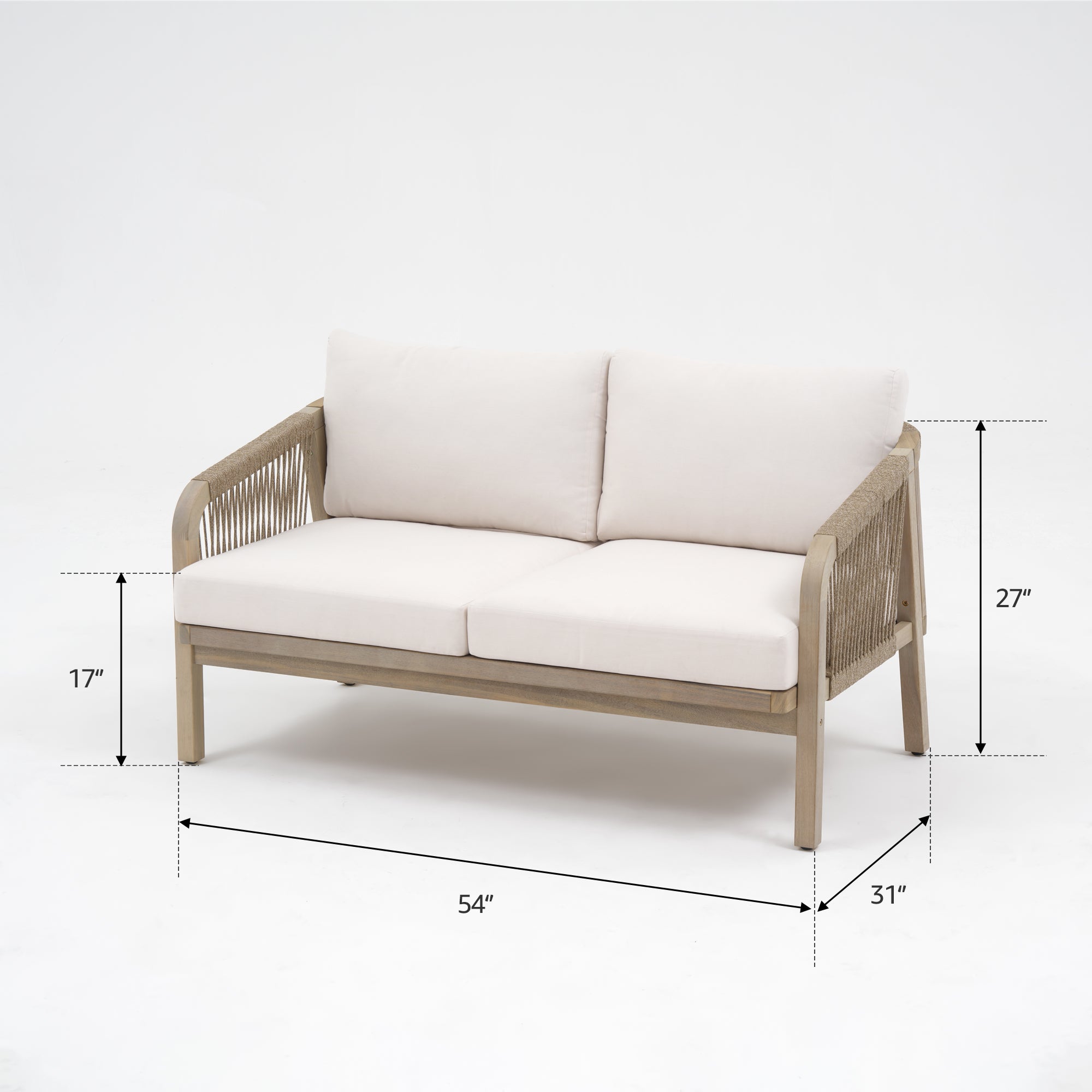 Thalea 4-Piece Wooden Outdoor Conversation Set, Rope Patio Furniture with Cream Cushions