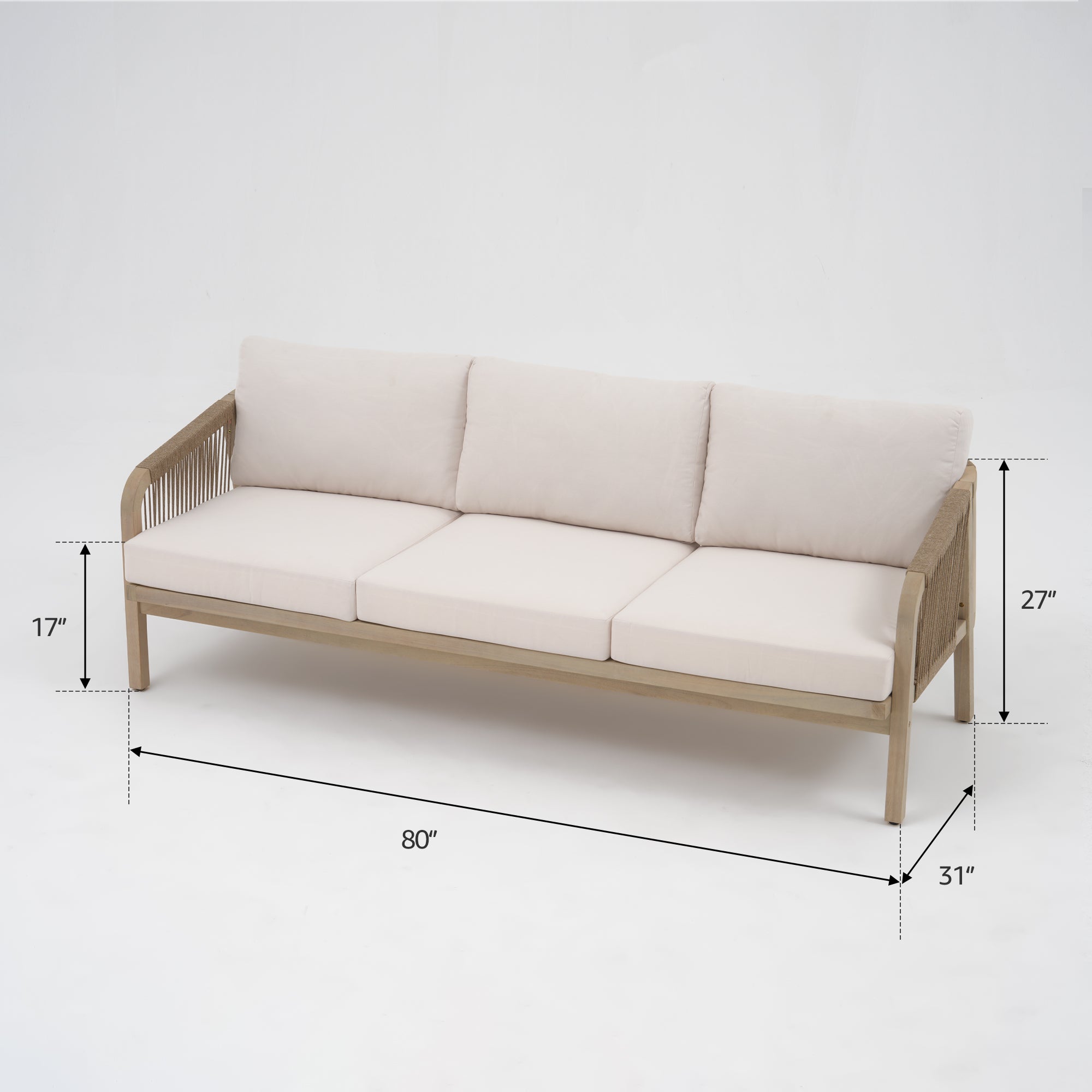 Thalea 3-Seat Wooden Outdoor Sofa With Cushions, Cream White