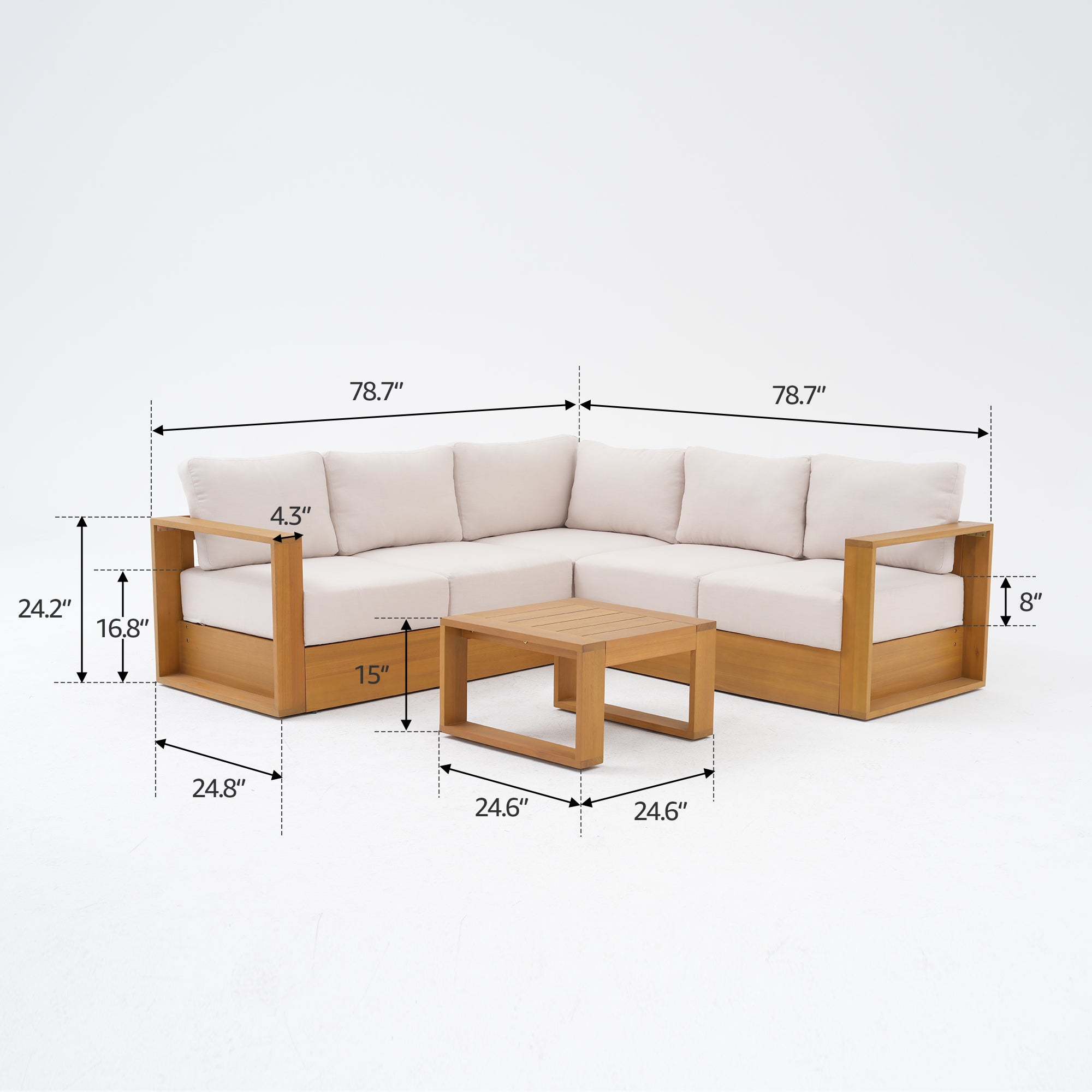 Eucalyptus WoodOutdoor L-Shaped Sectional Sofa Set with Coffee Table
