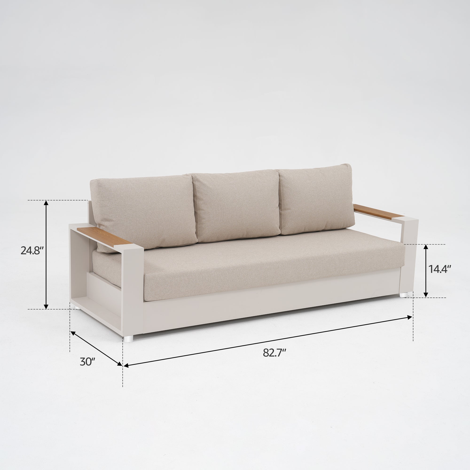 Beige sofa with wooden armrests dimension