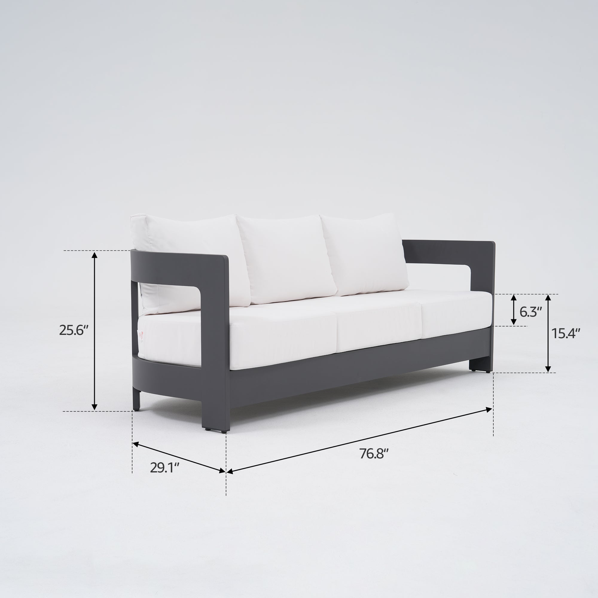 Sova Modern Aluminum Outdoor Sofa Set with Fire Pit, Swivel Chairs, Charcoal Frame & White Sunbrella® Cushions
