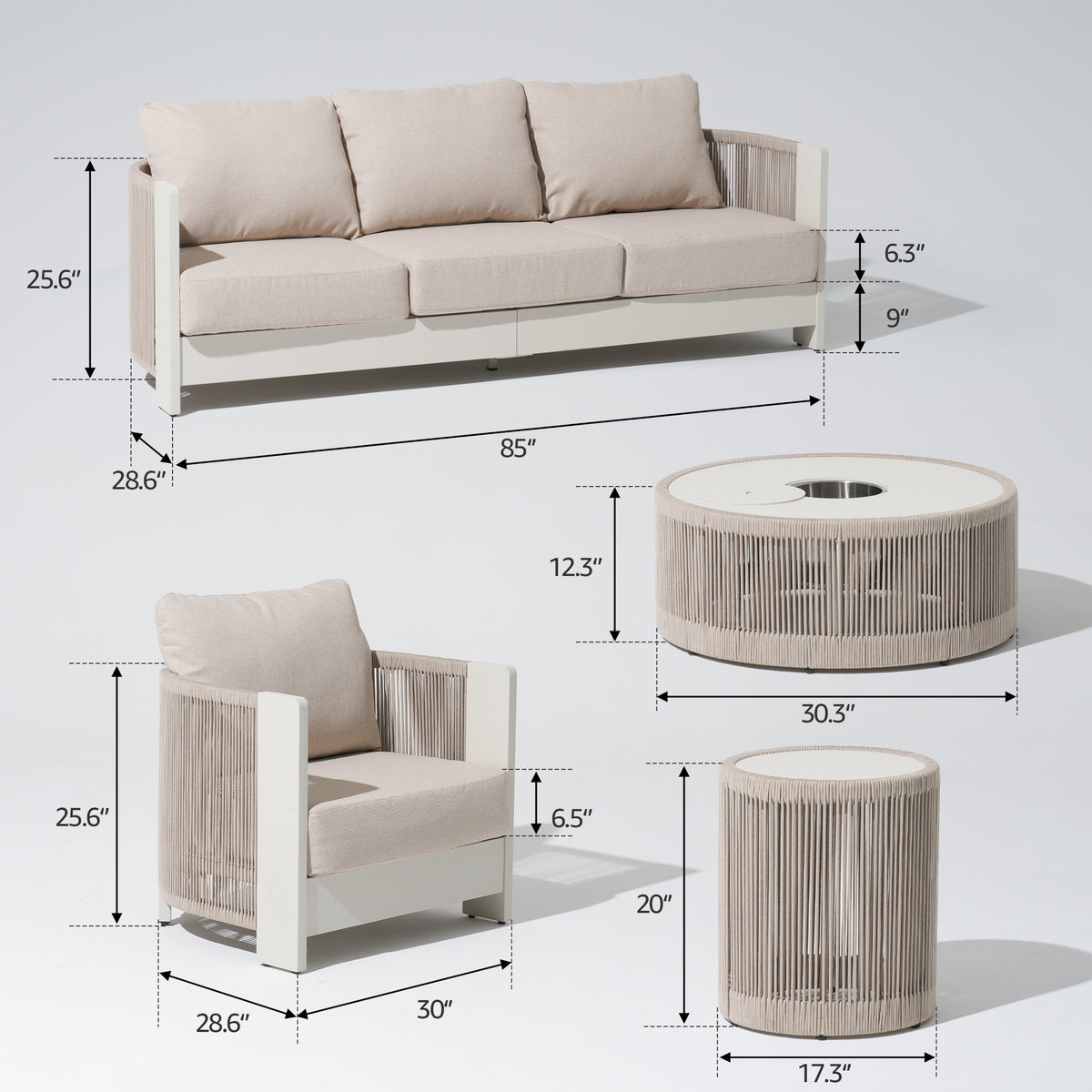 Irati 5-Piece Modern Aluminum and Rope Outdoor Conversation Set, Oyster White