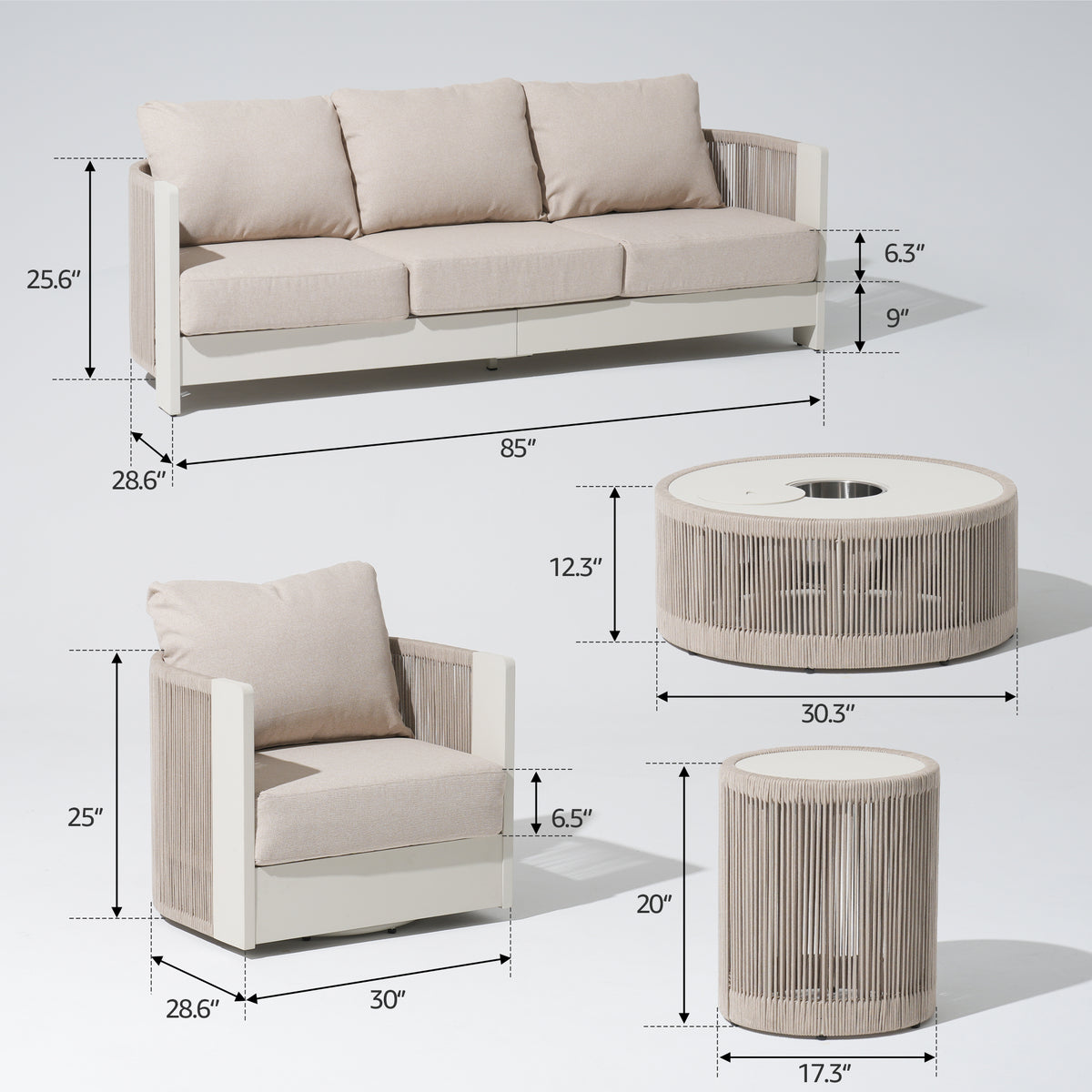 Irati 6-Piece Aluminum Rope Outdoor Conversation Set , Olefin Cushions, Oyster White