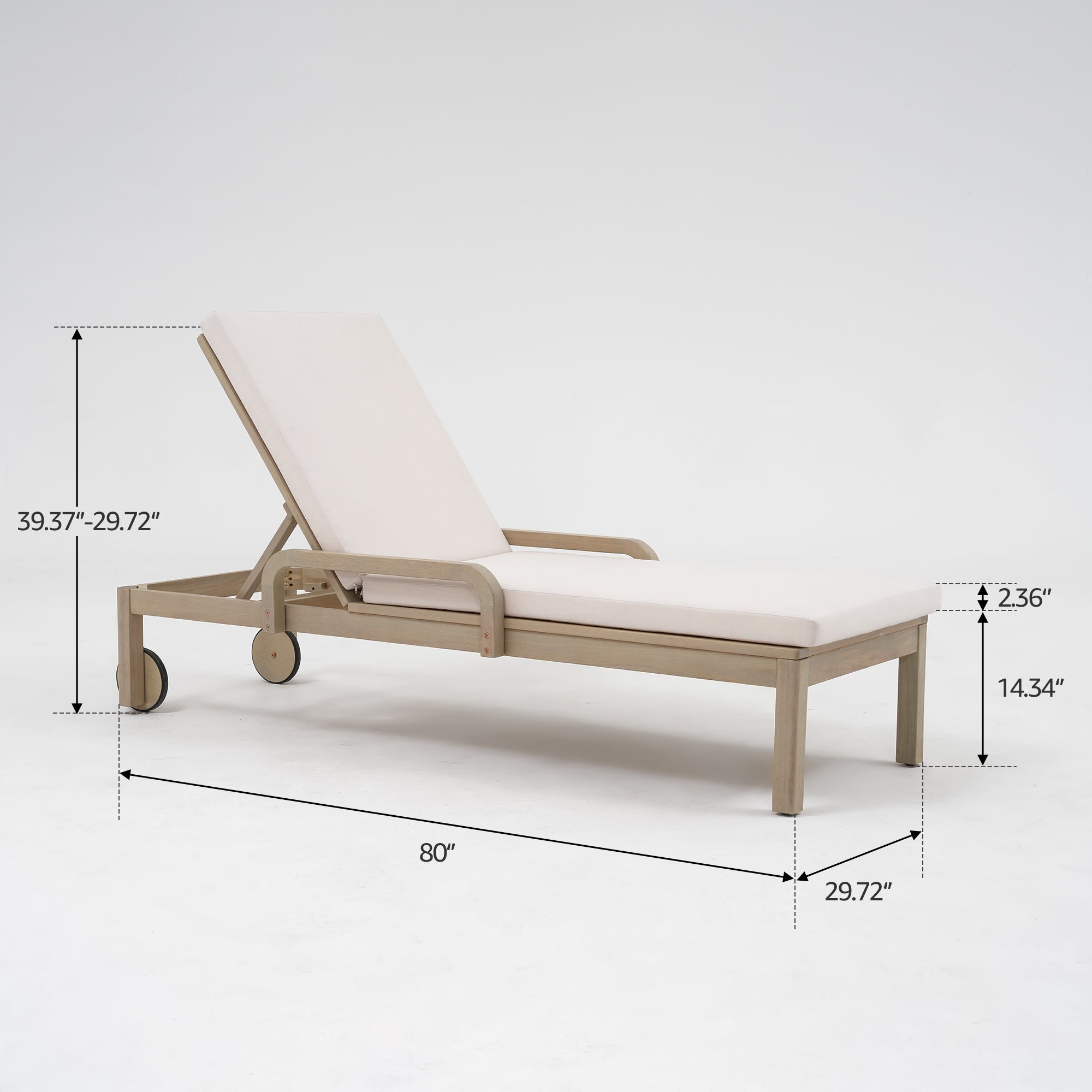 Cali Wooden Outdoor Lounger with Wheels, Adjustable Backrest & Thick Cushion