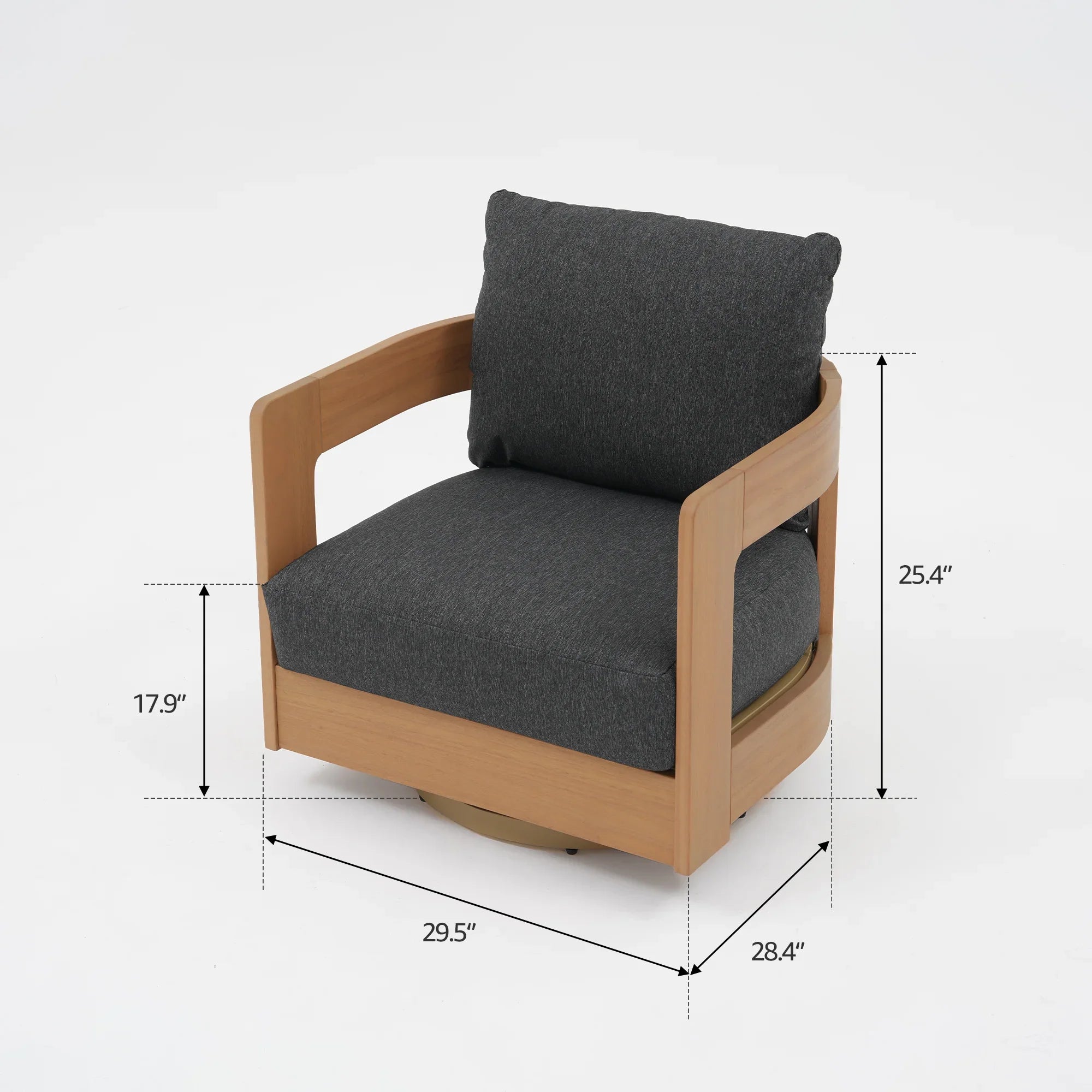 Chair with gray cushion and wooden frame, showing dimensions